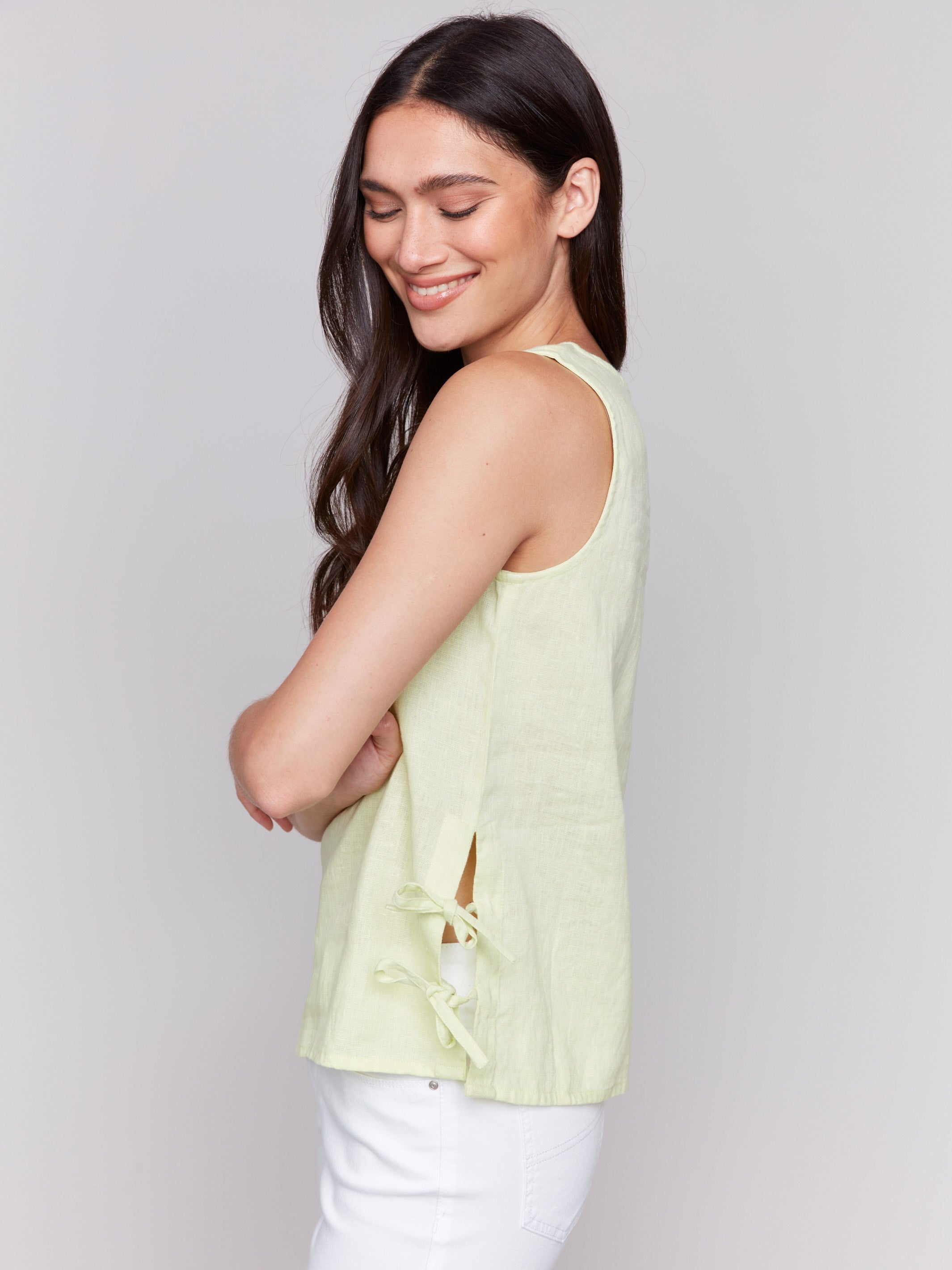Keylime Women's Sleeveless Linen Blend Summer Top with Adjustable Side Ties - Casual Beachwear, Vacation Outfit & Boho Style Fashion