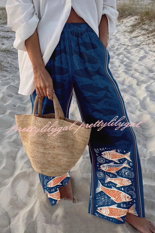 Stylish Marine Print Elastic Waist Loose Pocket Pants for Women - Comfortable Beachwear & Casual Summer Outfits