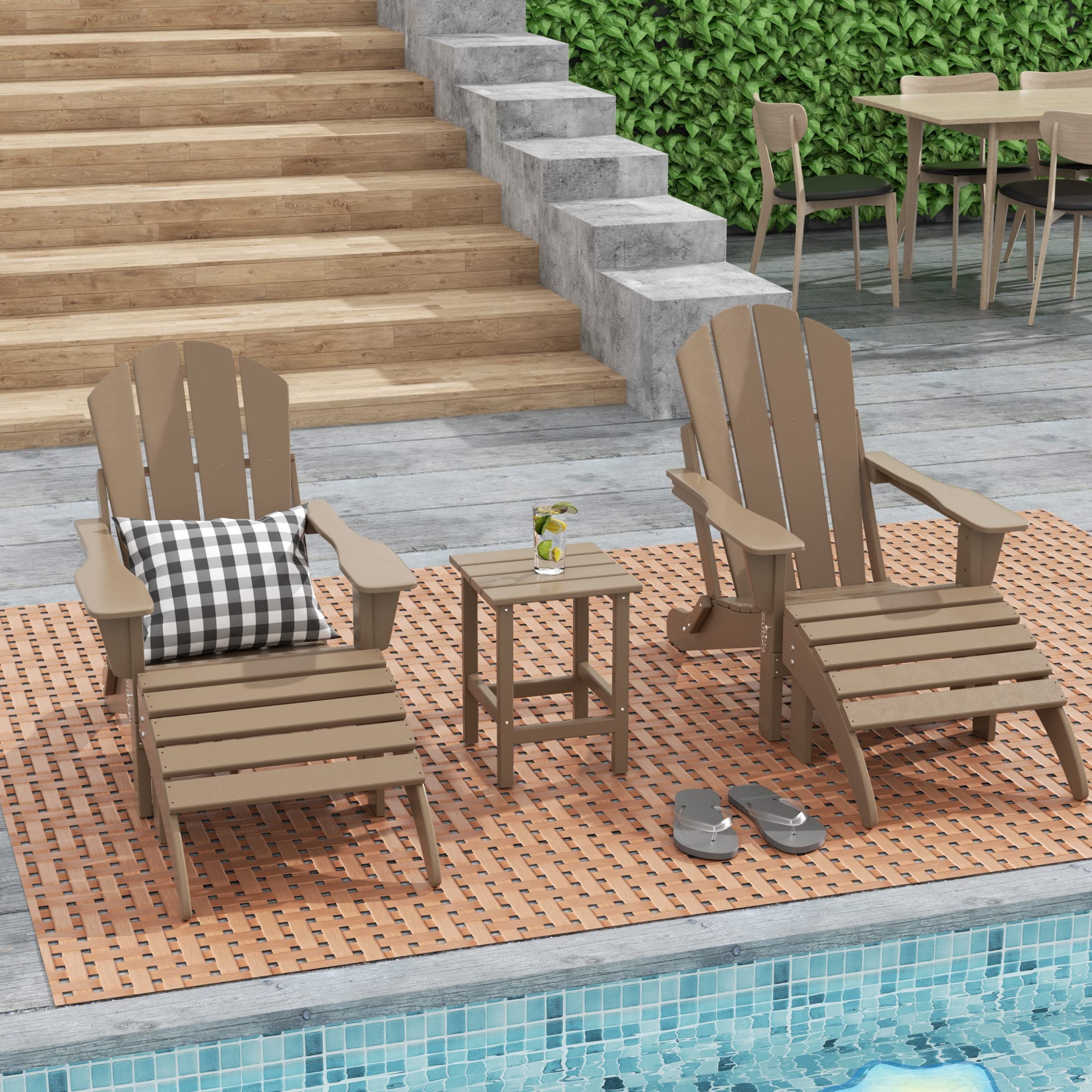 **HDPE Adirondack Chair Ottoman Side Table Set 5-Piece - Patio, Backyard, Garden, Porch & Bonfire Outdoor Furniture (Weathered Wood Finish)** - Perfect for Relaxing, Entertaining & Outdoor Gatherings
