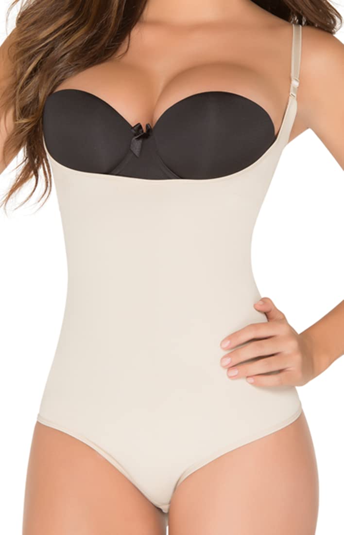 Best Colombian Fajas for Women - Fresh & Light Open-Bust Thong Bodysuit - Mid-Body Shaper Girdle in Beige | Postpartum Recovery & Everyday Slimming