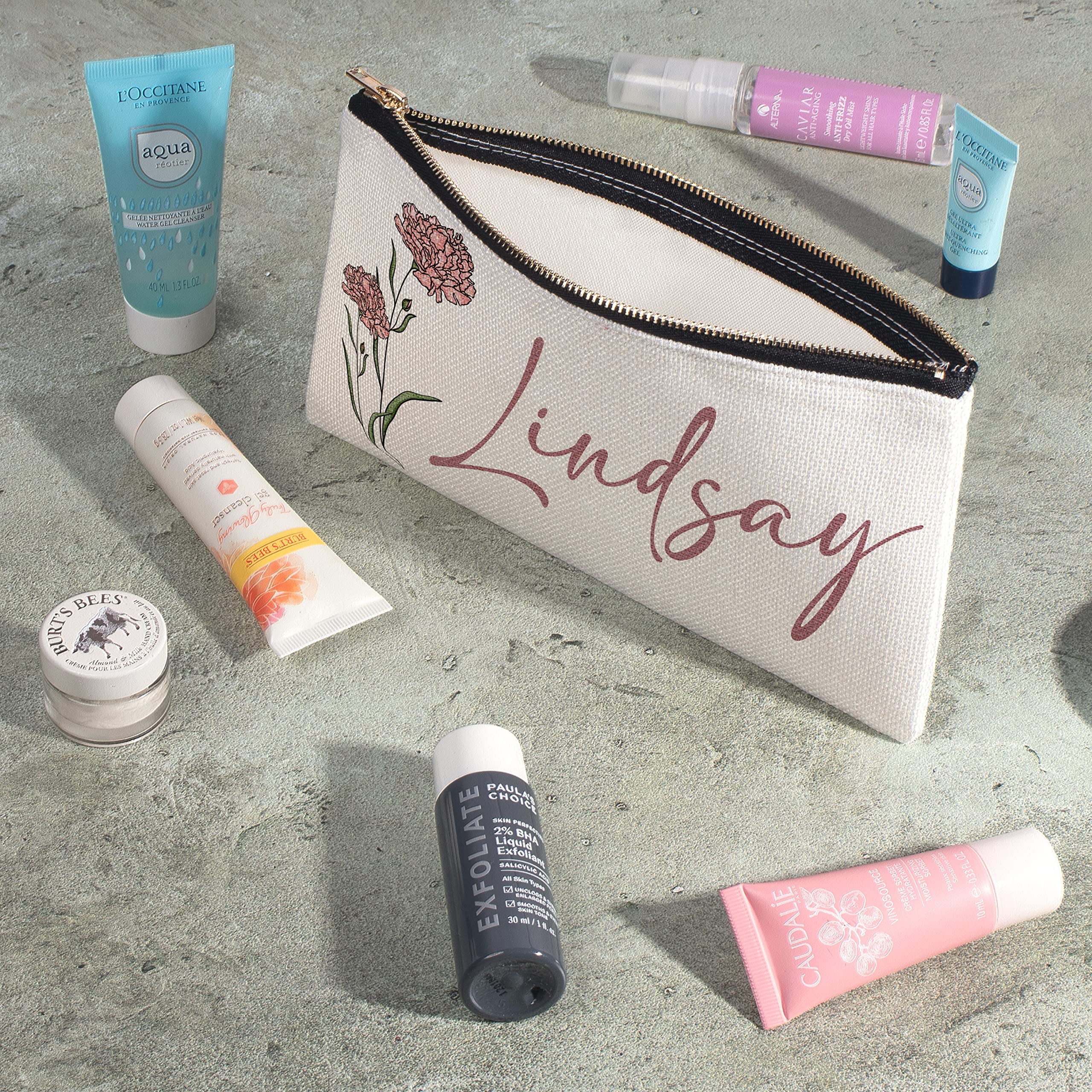 Personalized Makeup Bag for Women with Custom Name & Birth Flower - Large Travel Cosmetic Pouch (9.5x6