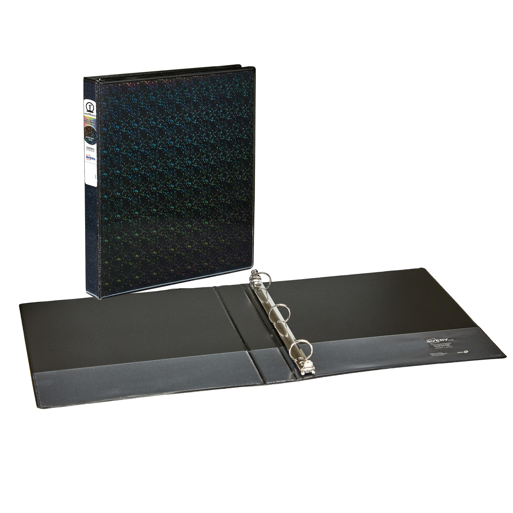 Avery Luxe Collection Durable Holographic 3-Ring Binder - 1 Inch Round Rings, Customizable View Cover, Holographic Black (03225) - Perfect for School, Office & Home Organization
