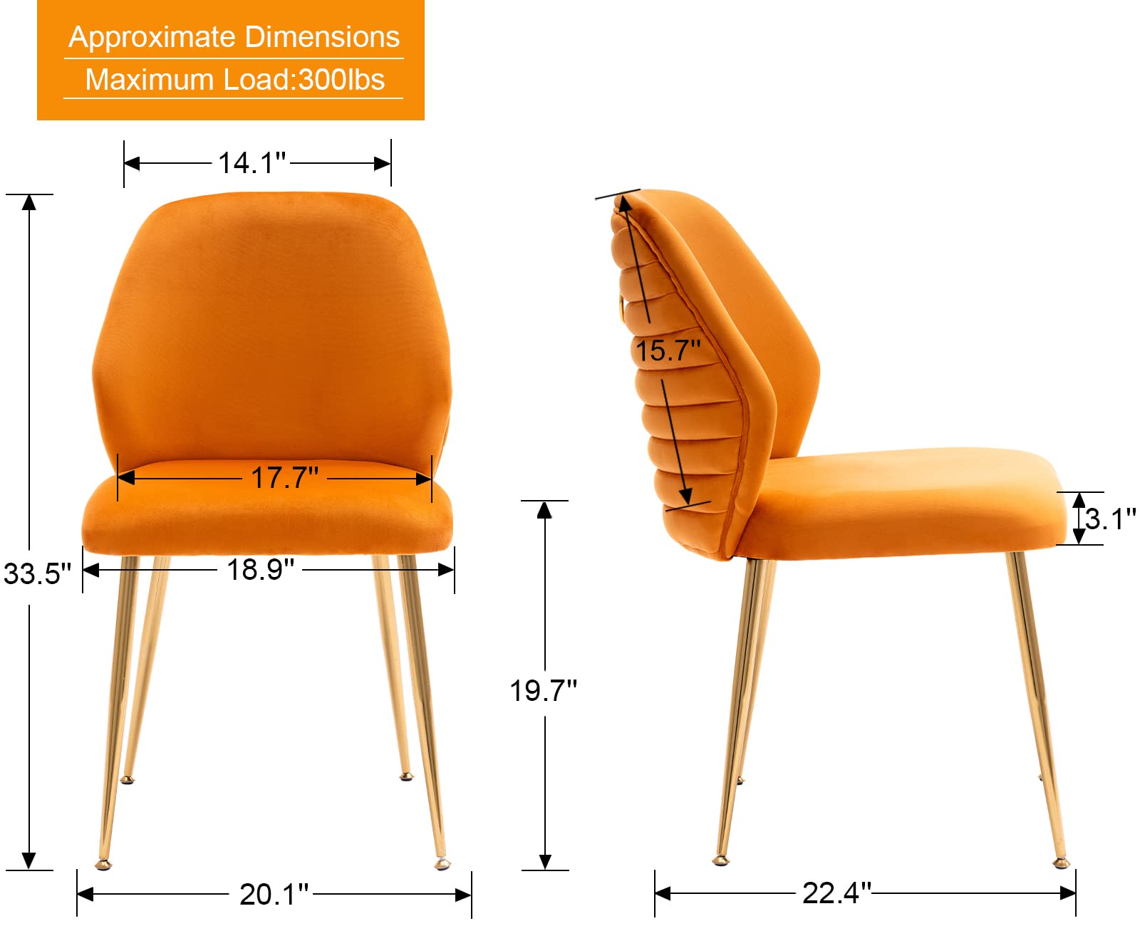 Guyou 4-Piece Velvet Upholstered Dining Chair Set - Modern Tufted Armless Side Chairs with Gold Metal Legs & Ring Pulls for Kitchen, Dining Room, Living Room & Bedroom - Perfect for Entertaining, Family Meals & Home Decor (Orange)