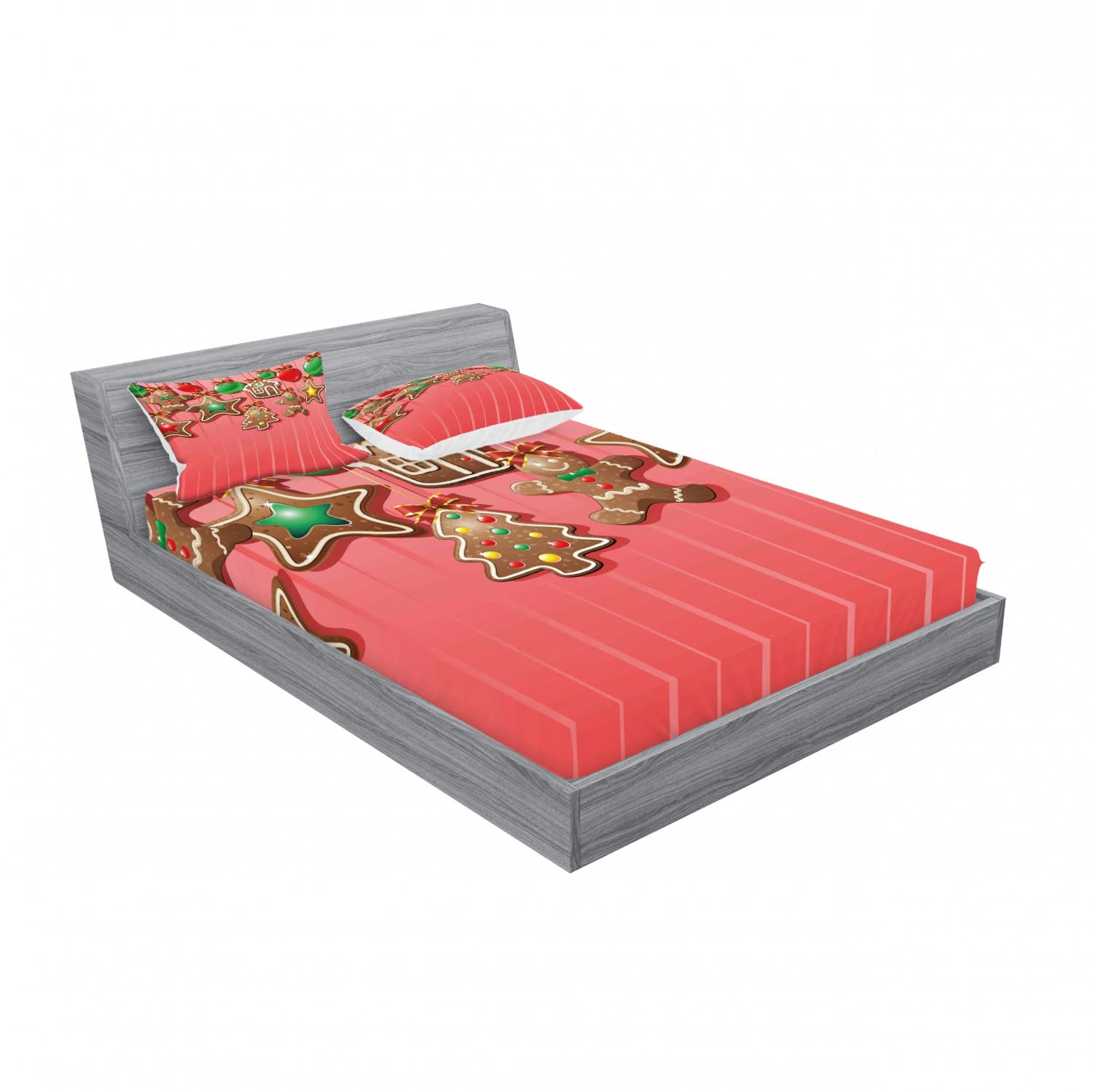 Ambesonne Gingerbread Man 2-Pack Fitted Sheet & Pillow Sham Set - 4 Piece Christmas Bedding Decor with 2 Twin XL Fitted Sheets & 4 Pillow Covers - Festive Holiday Home Decor for Kids Room & Guest Bedroom