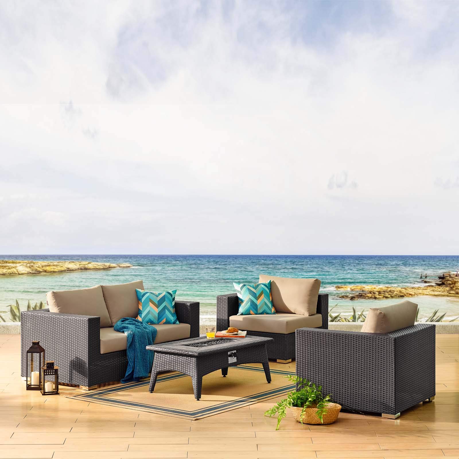 Modern Outdoor Patio Furniture Set - 3-Piece Wicker Sofa, Chair & Coffee Table with Fire Pit - Light Brown Rattan for Backyard, Garden, Poolside Relaxation