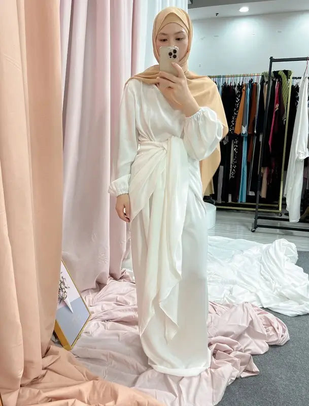 Elegant Satin Abaya Dress with Midi Wrap - Modest Muslim Women's Prayer Dress for Eid, Ramadan & Special Occasions