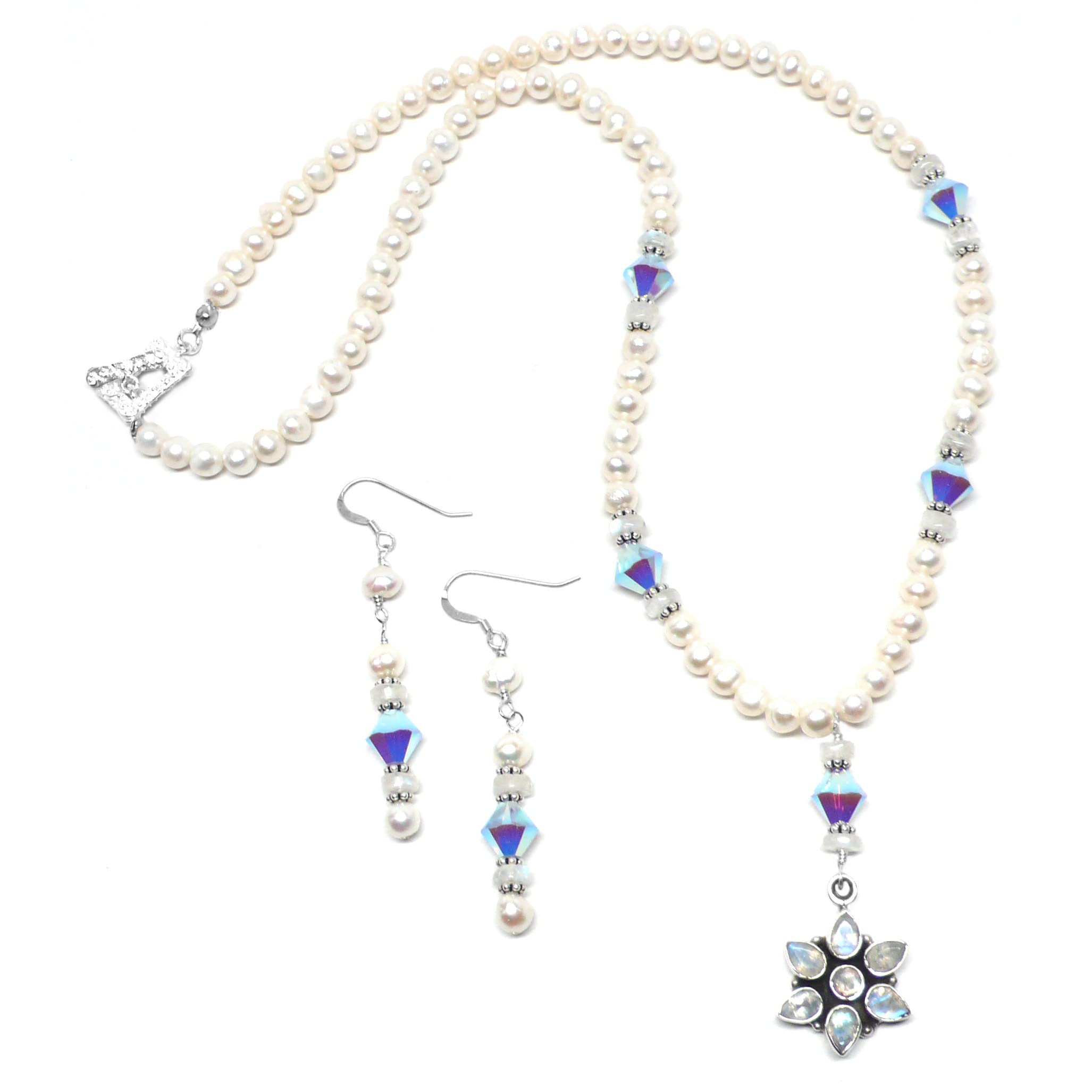 Moonstone Crystal & Sterling Silver Cultured Freshwater Pearl Earrings for Women - Elegant Dangle Earrings for Wedding, Party & Special Occasion Jewelry Gifts
