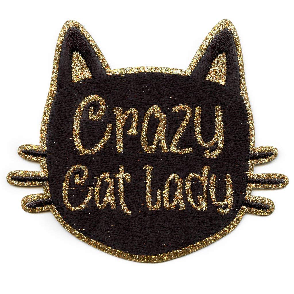 Crazy Cat Lady Gold Glitter Cat Head Embroidered Iron On Patch for DIY Jackets, Bags & Costumes - Perfect for Cat Lovers & Craft Projects