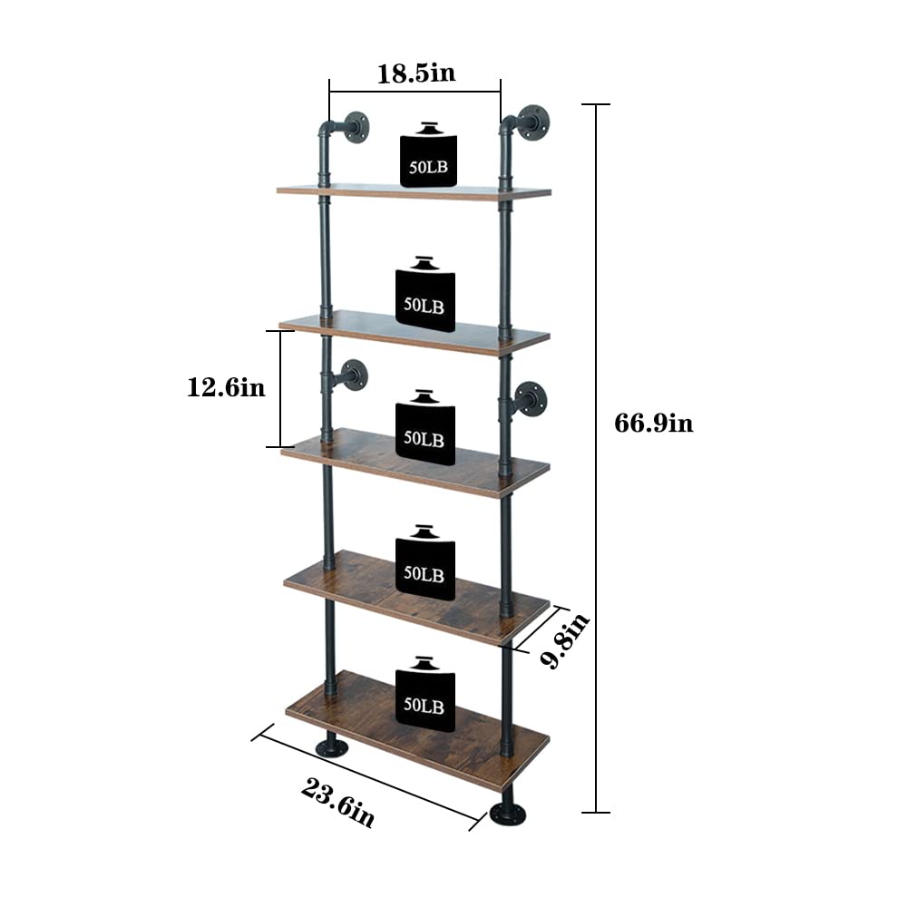 ZIOTHUM 5-Tier 67-Inch Industrial Pipe Shelving Unit - Heavy Duty Rustic Black Metal Shelves for Garage, Basement & Warehouse Storage (Perfect for Organizing Tools, Books & Home Decor)