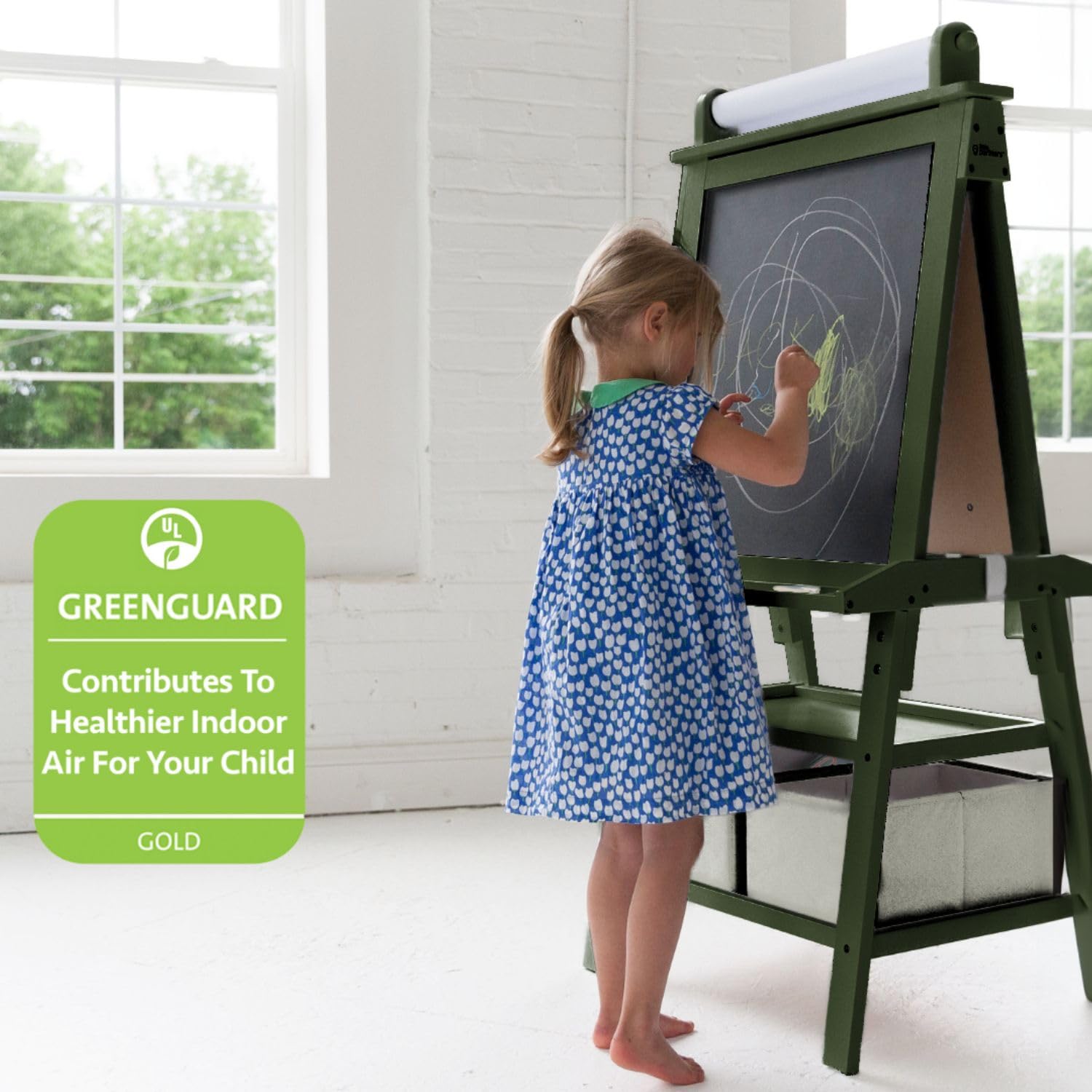 Little Partners Deluxe Learn 'N Play Toddler Easel - 2-Sided Kids Art Center with Chalkboard & Magnetic Whiteboard | Paper Roll, Storage Bins & Paint Cups | Perfect for Home, Preschool & Daycare (Olive Green)