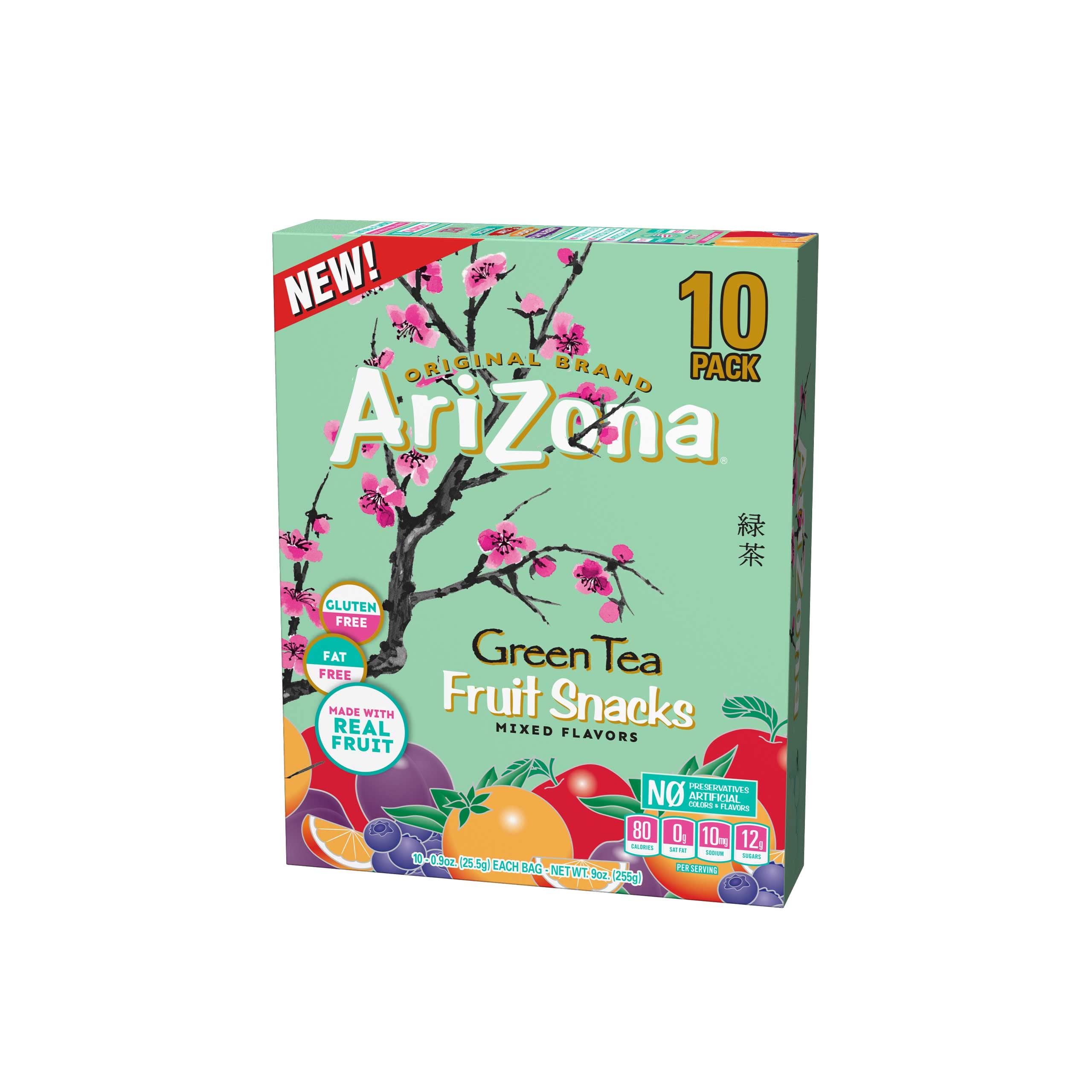 AriZona Green Tea Gluten Free Gummy Fruit Snacks - 10 Pack (0.9oz Single Serve Bags) | Healthy Vegan Snacks for Kids Lunch, Office & Travel | Delicious Natural Flavor Energy Boost