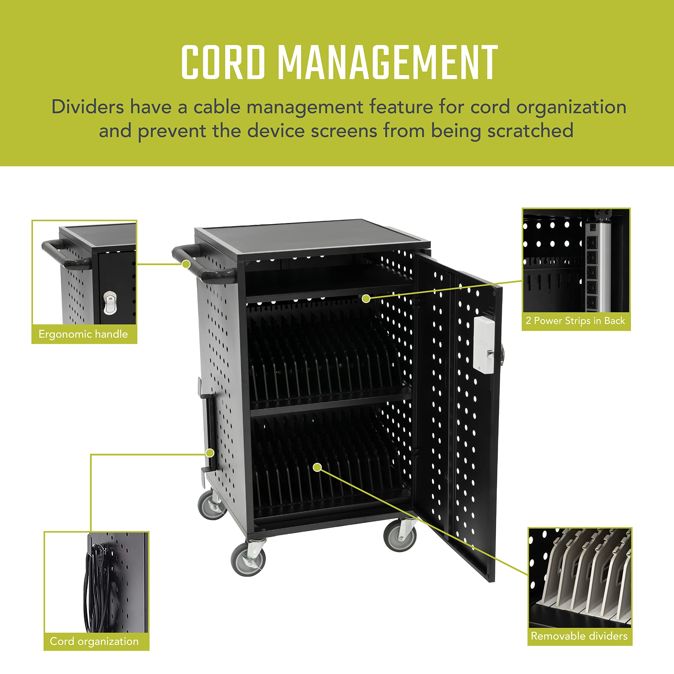 Pearington 30 Device Charging Cart with Electric Key Card Lock | Organize Chargers & Cables | Mobile Laptop & Chromebook Charging Station | Black | Perfect for Schools, Offices & Tech Labs