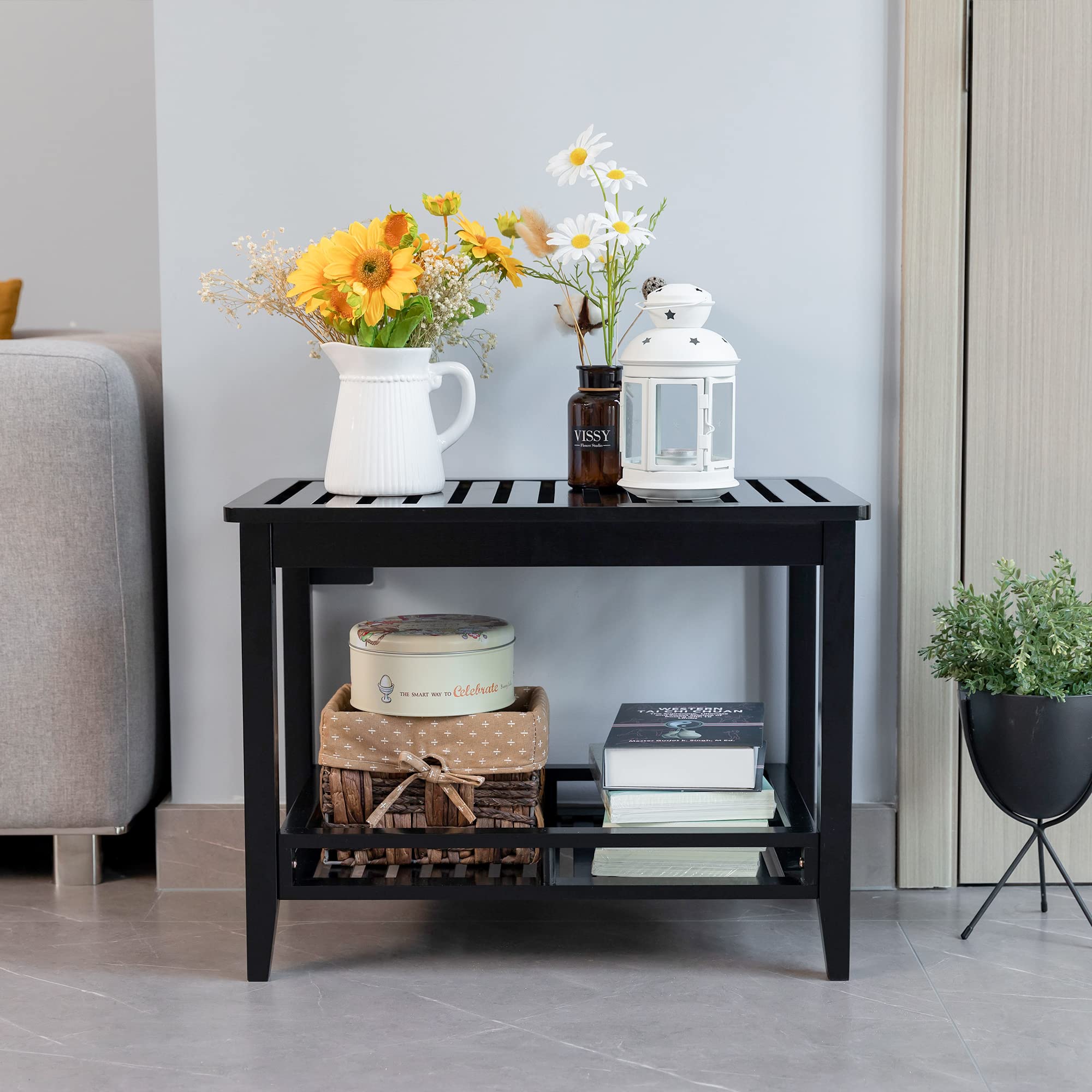 Premium Bamboo Shower Bench with Storage Shelf - Non-Slip Bath Stool Seat for Elderly & Shaving - Waterproof Shower Chair for Bathroom Safety & Spa Relaxation - Perfect for Small Spaces & Handicap Accessibility (Black)