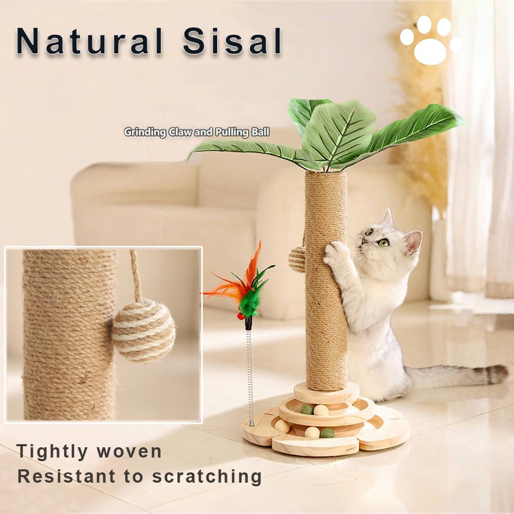Marchul 2-Level Cat Scratching Post with Interactive Track Ball Tower Toy - Sisal Rope & 3D Leaf Design for Indoor Cats & Kittens | Mental & Physical Exercise Toy for Playtime, Training & Home Decor