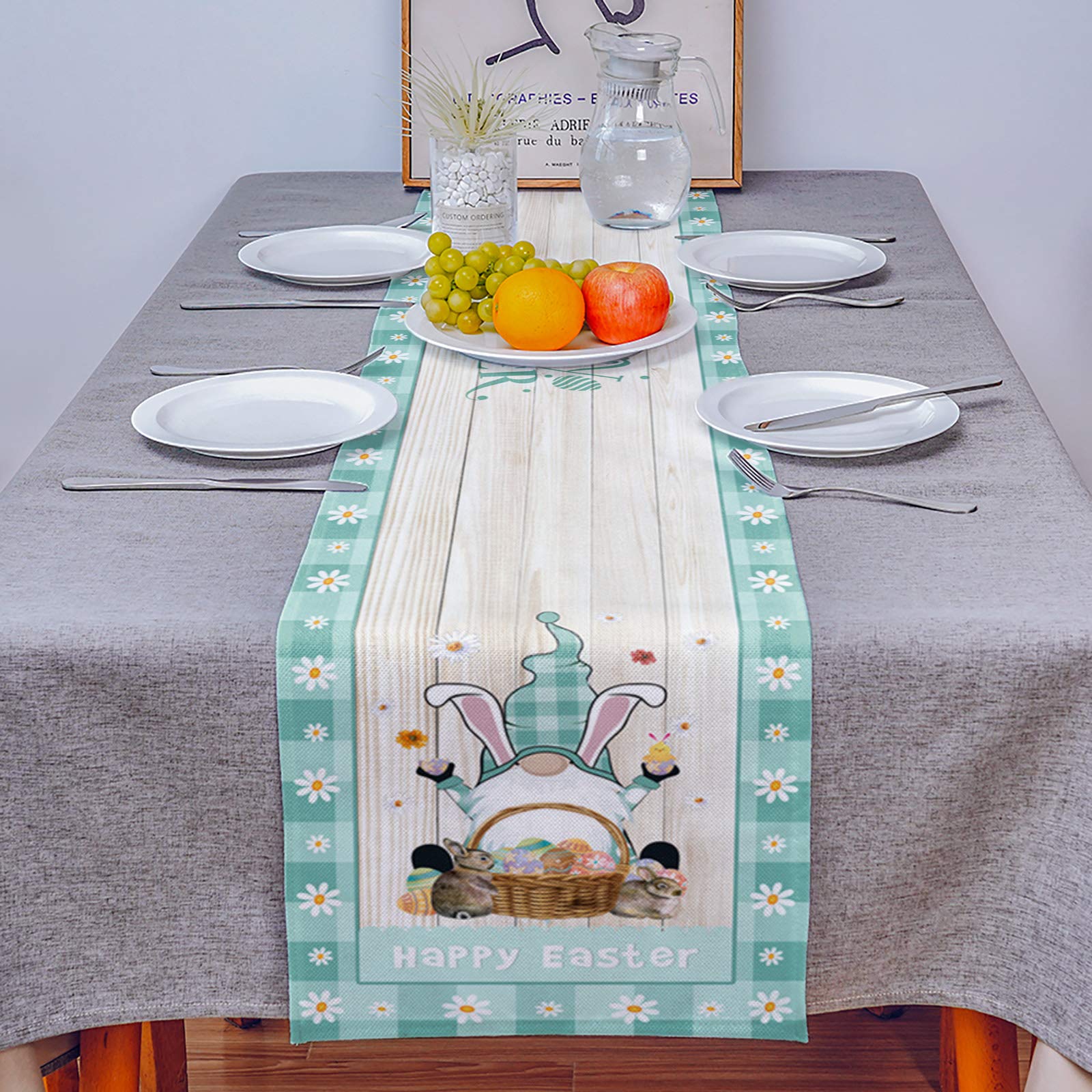 Easter Table Runner 13x90 Inches - Cute Gnome Bunny Egg Burlap Table Cover for Dining Room Kitchen Decor | Teal Buffalo Lace Retro Wooden Stripes Party Wedding Table Scarf | Perfect for Spring Celebrations, Holiday Dinners & Home Decor