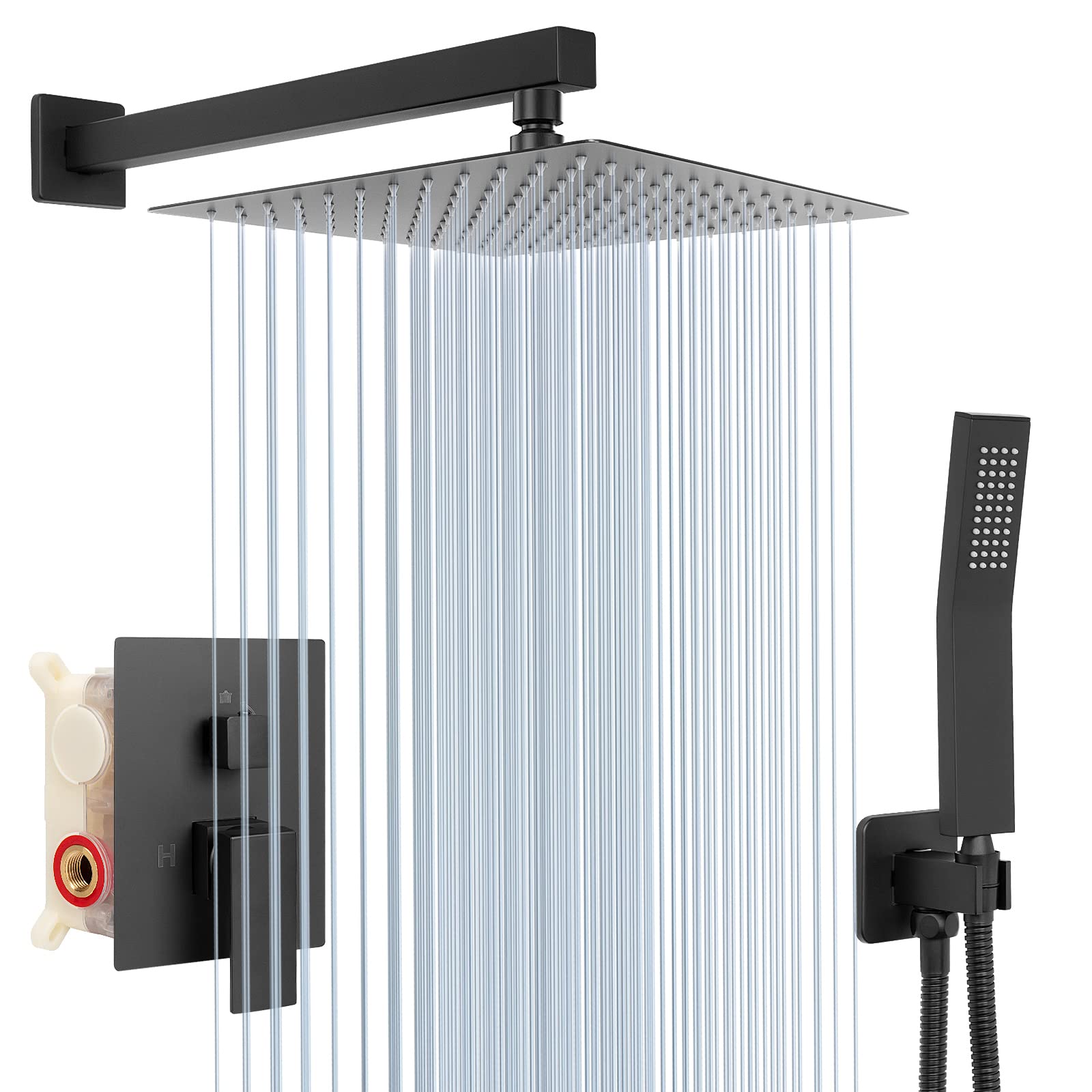 NearMoon Luxury Rain Shower System - 12 Inch Matte Black Shower Head with Handheld Combo, High Pressure Wall Mount Bathroom Faucet with Rough-in Valve and Trim Kit for Spa-Like Experience | Perfect for Master Bathrooms, Guest Suites & Luxury Home Renovations