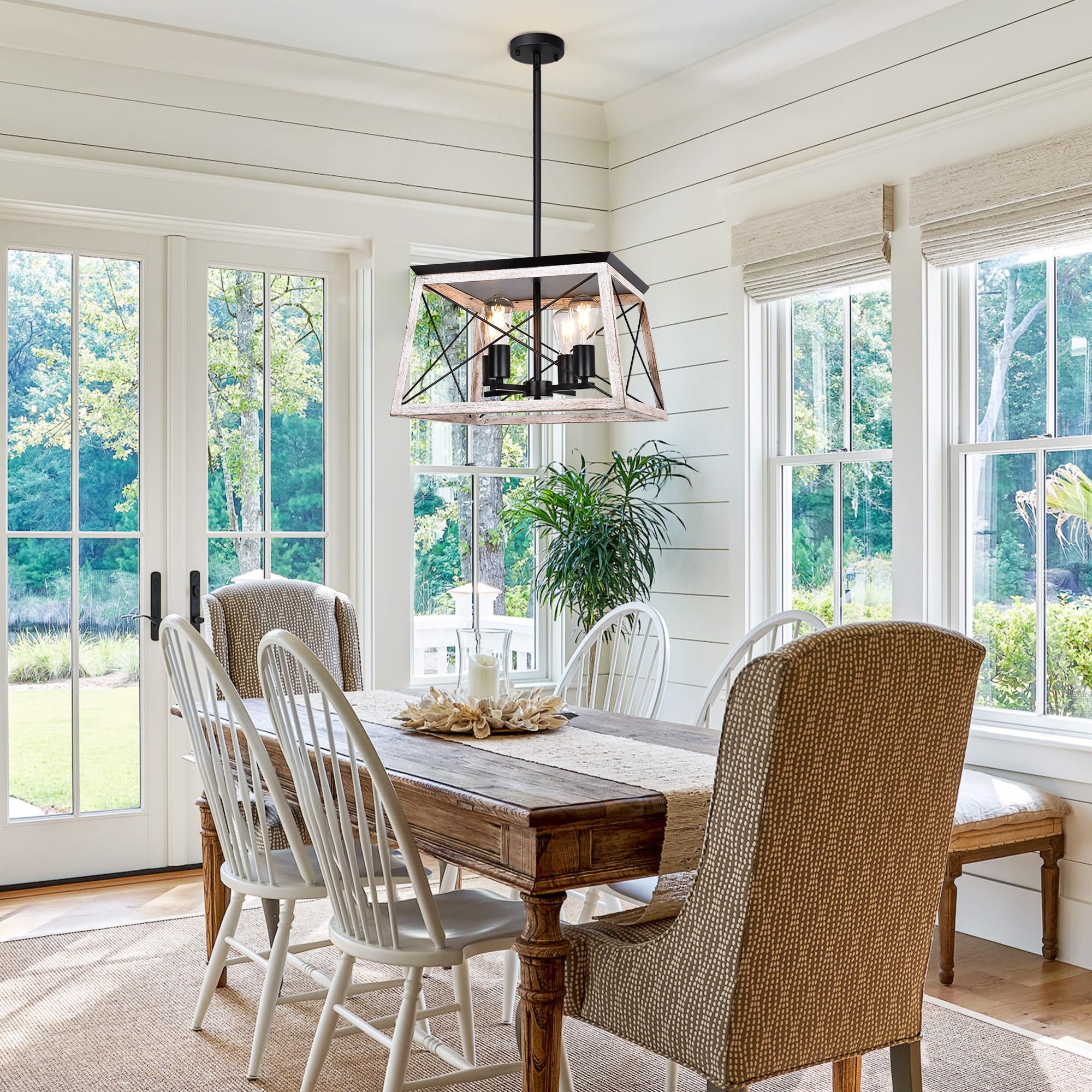 Rustic Farmhouse Chandelier - 4-Light White Wood Distressed Pendant Light for Dining Room, Kitchen Island, Entryway, Hallway & Foyer | Perfect for Country-Style Home Decor and Cozy Gatherings