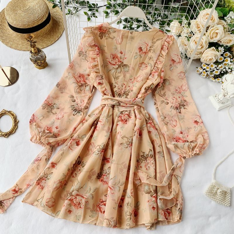 French Elegant Puff Sleeve V-Neck Floral Print Dress 1156 - Perfect for Weddings, Parties & Summer Vacations