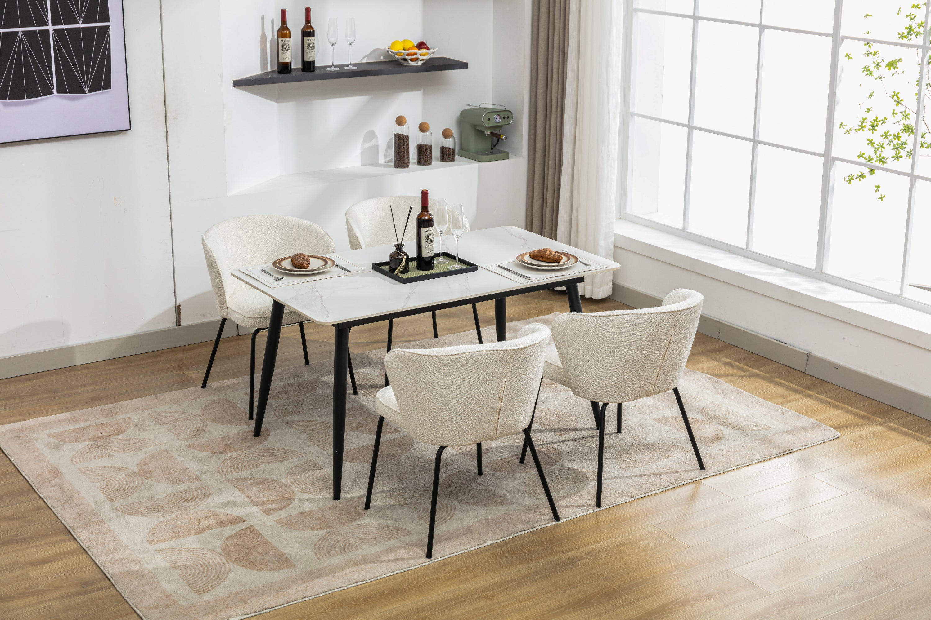 Set of 2 Modern Boucle Fabric Dining Chairs with Black Metal Legs in Ivory - Comfortable Upholstered Side Chairs for Kitchen, Dining Room, and Office Use