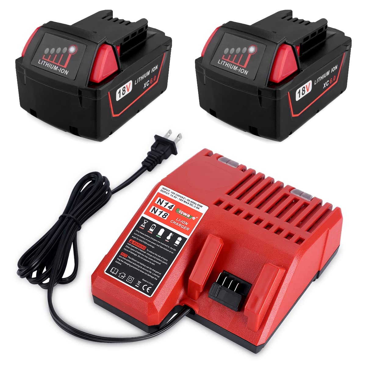 **Biswaye M18 Battery Charger & 2-Pack 18V 6.0Ah Replacement Batteries - Compatible with Milwaukee 14.4V-18V Li-ion Tools (Drills, Saws, Flashlights) - Fast Charging & Long-Lasting Power for DIY & Professional Use**