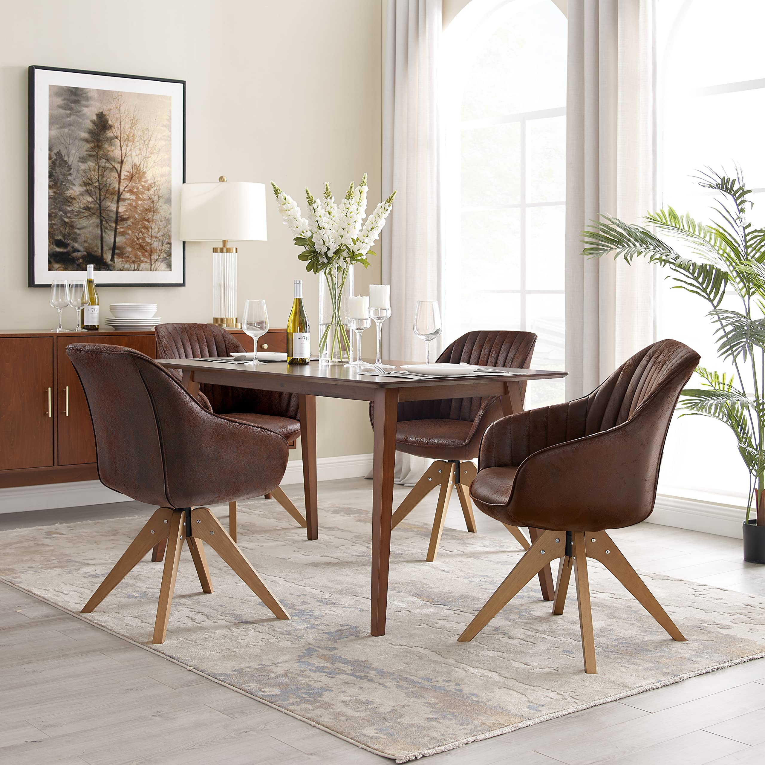 Art Leon Mid Century Modern Dining Chair - Swivel Upholstered Suede Chair with Wooden Legs for Dining Room & Living Room | Comfortable Armchair in Mocha Brown | Perfect for Entertaining, Home Office & Relaxation