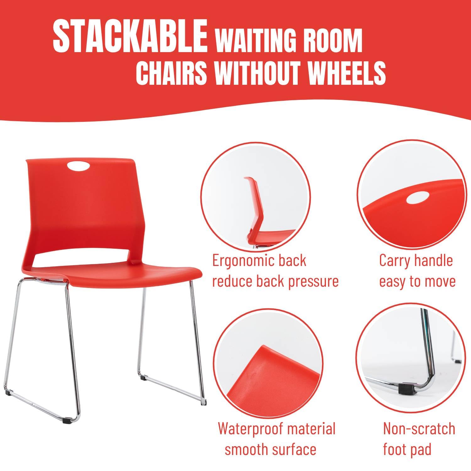 Ergonomic Office Guest Chair with Sled Base - Plastic Stacking Chair Without Wheels - Reception, Conference & Waiting Room Chairs - Red (4 Pack) - Perfect for Office Spaces, Meeting Rooms & Lobby Areas