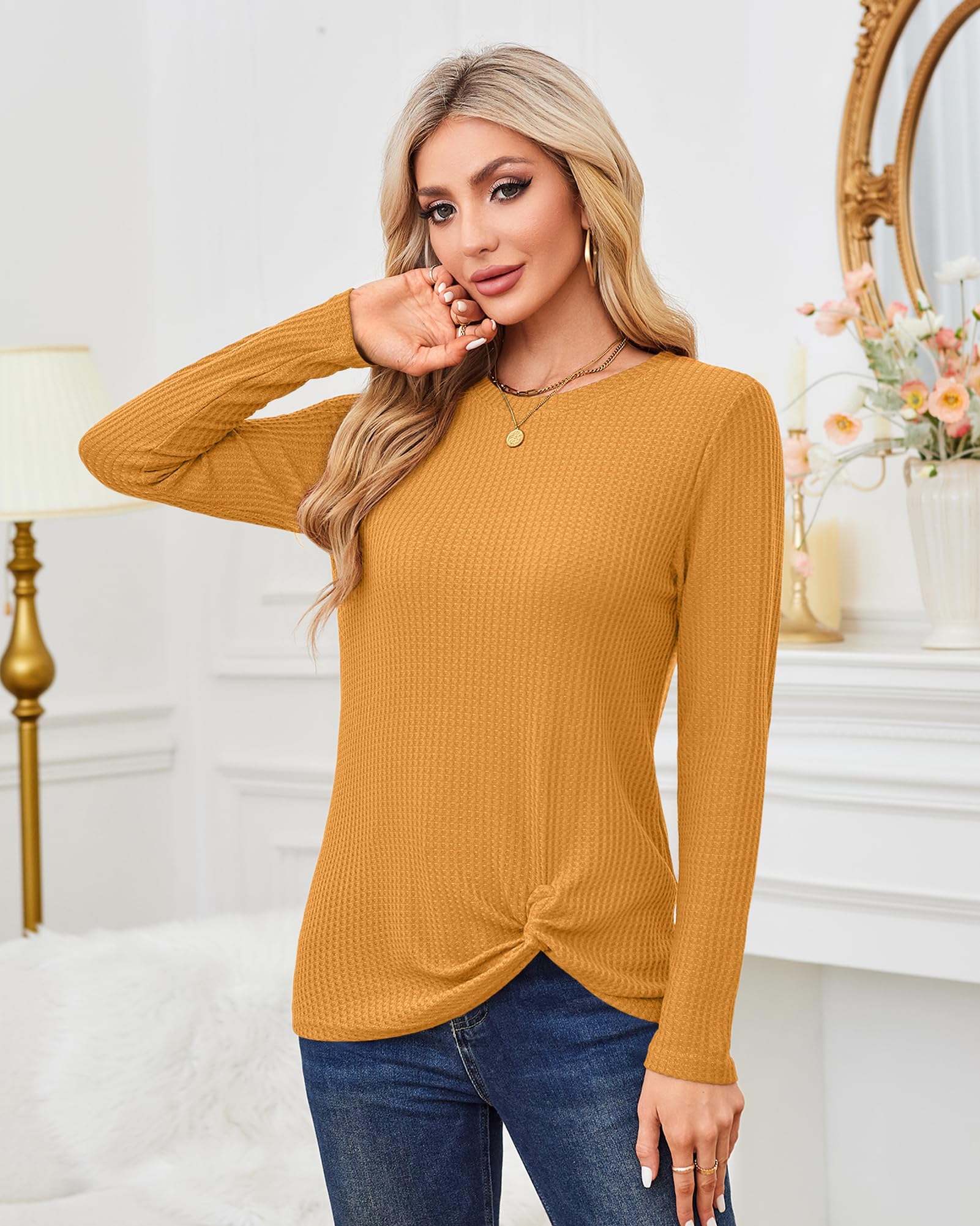 MISFAY Women's Casual Long Sleeve Knit Top with Cute Twist Knot Design - Soft Waffle Texture Shirt for Fall, Winter & Everyday Wear