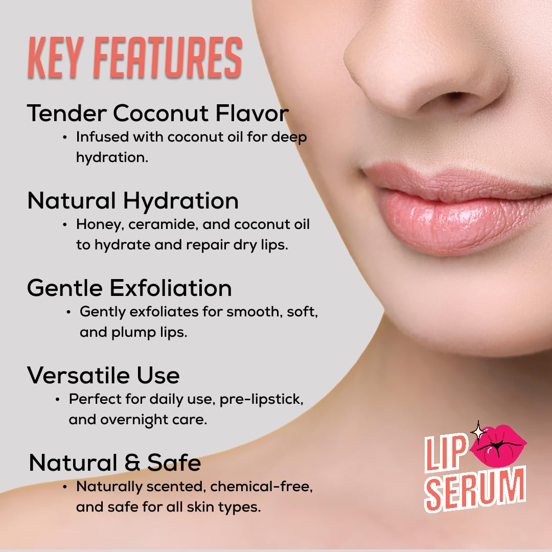 Bee & Beauty Moisturizing Lip Serum Roll On - 5ml | Coconut Infused Hydrating Lip Treatment | Nourishes, Hydrates & Exfoliates Lips | Natural Pink Tint | Unisex Daily Lip Care | Perfect for Dry Lips, Chapped Lips & Pre-Makeup Prep