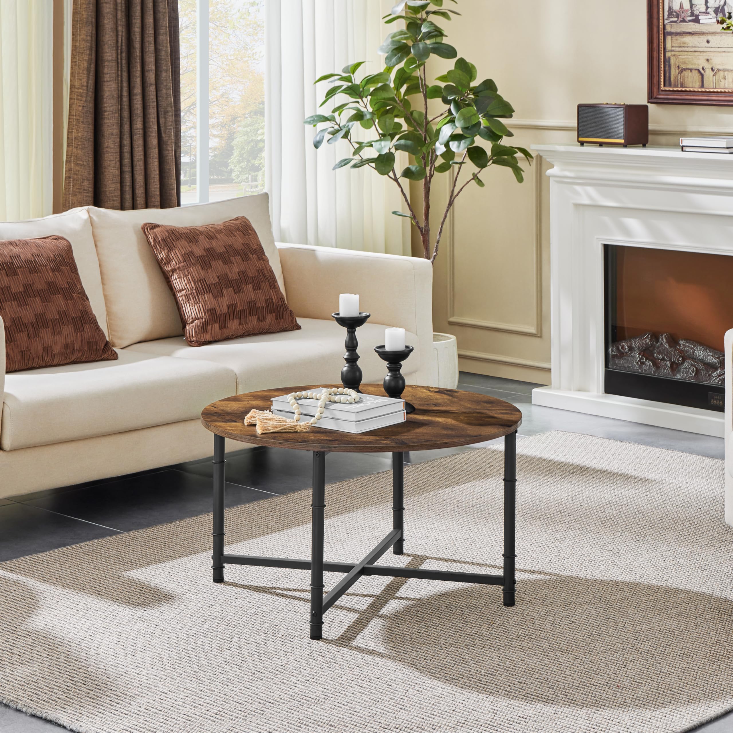 Yaheetech 31.5 Inch Round Coffee Table - Rustic Wood Top with Sturdy Metal Legs, Easy Assembly Living Room Furniture for Small Spaces - Perfect for Cozy Home Decor, Reading Nook & Coffee Time