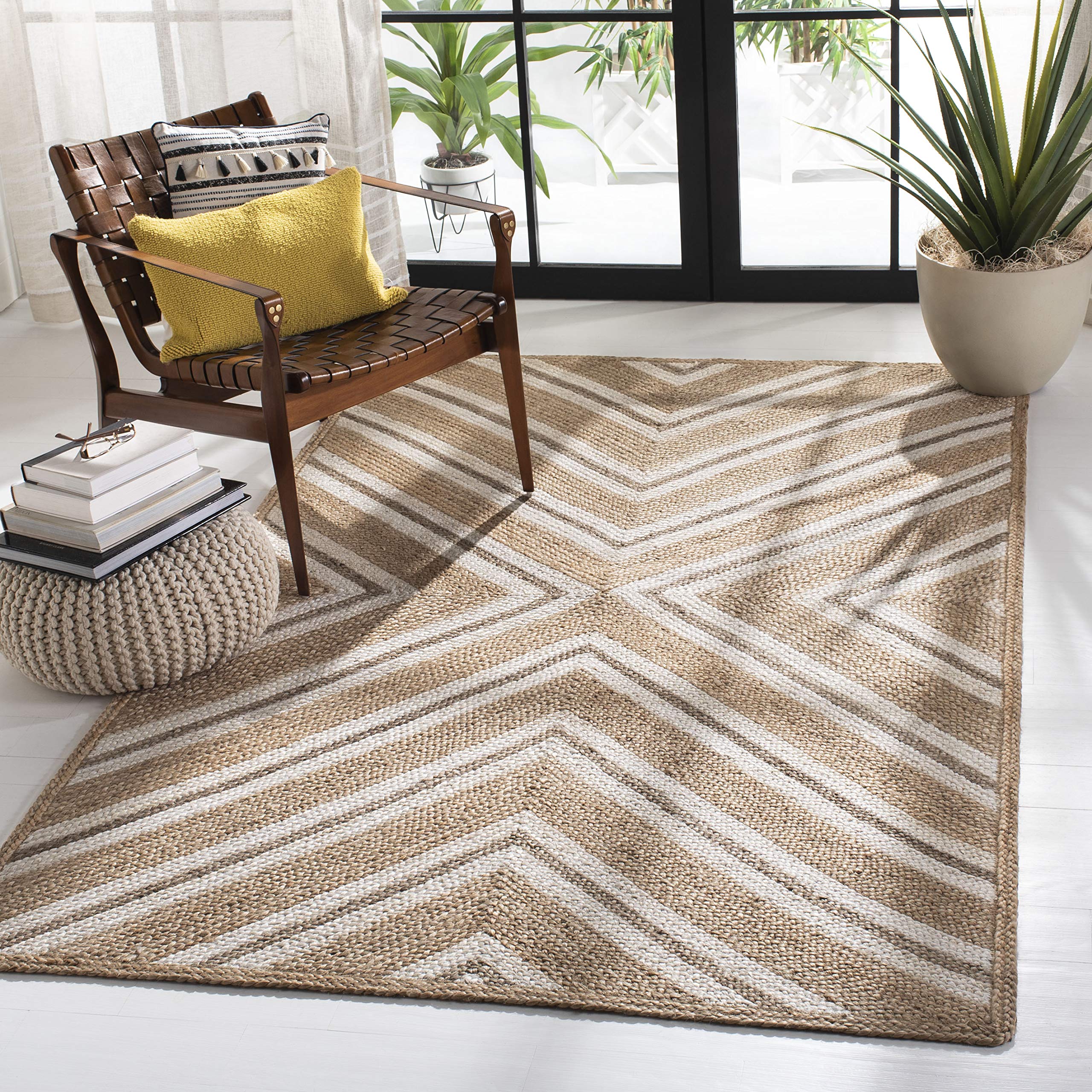 SAFAVIEH Natural Fiber Collection 6'x6' Square Ivory Geometric Jute Area Rug - Perfect for Boho Living Room, Bedroom & Home Decor