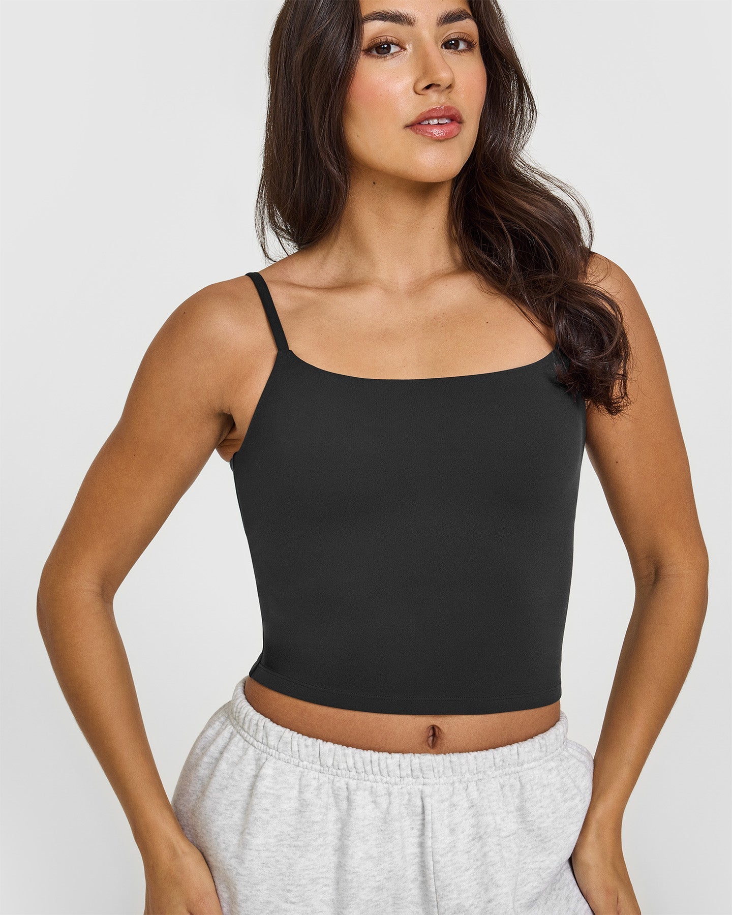 SoftMotion™ Strappy Mid Vest with Built-in Bra Shelf - Soft Black | Seamless Comfort for Yoga, Workouts & Lounge Wear