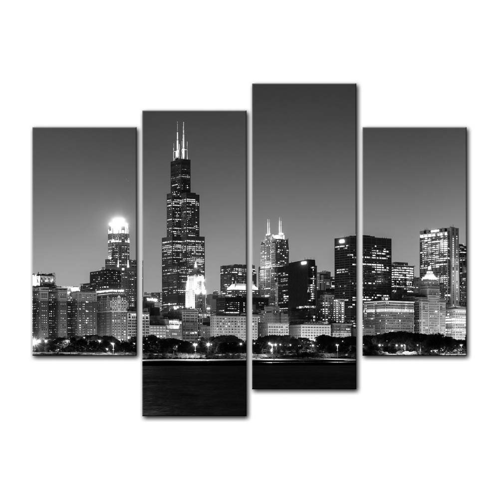 Modern Black and White Chicago Skyline Canvas Wall Art - 4 Panel Panoramic Cityscape Painting for Home & Office Decor | Perfect for Living Room, Bedroom, or Office Spaces