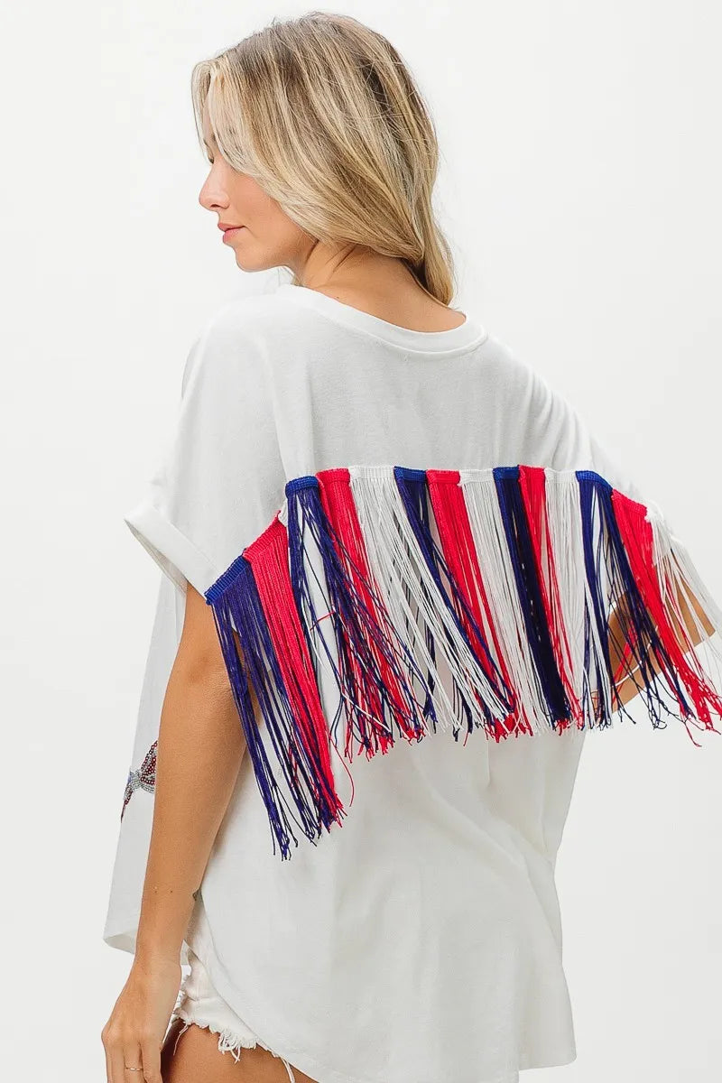 BiBi Patriotic American Flag Sequin Ribbon T-Shirt - Stylish USA Pride Top for Women, Perfect for 4th of July, Memorial Day & Independence Day Celebrations