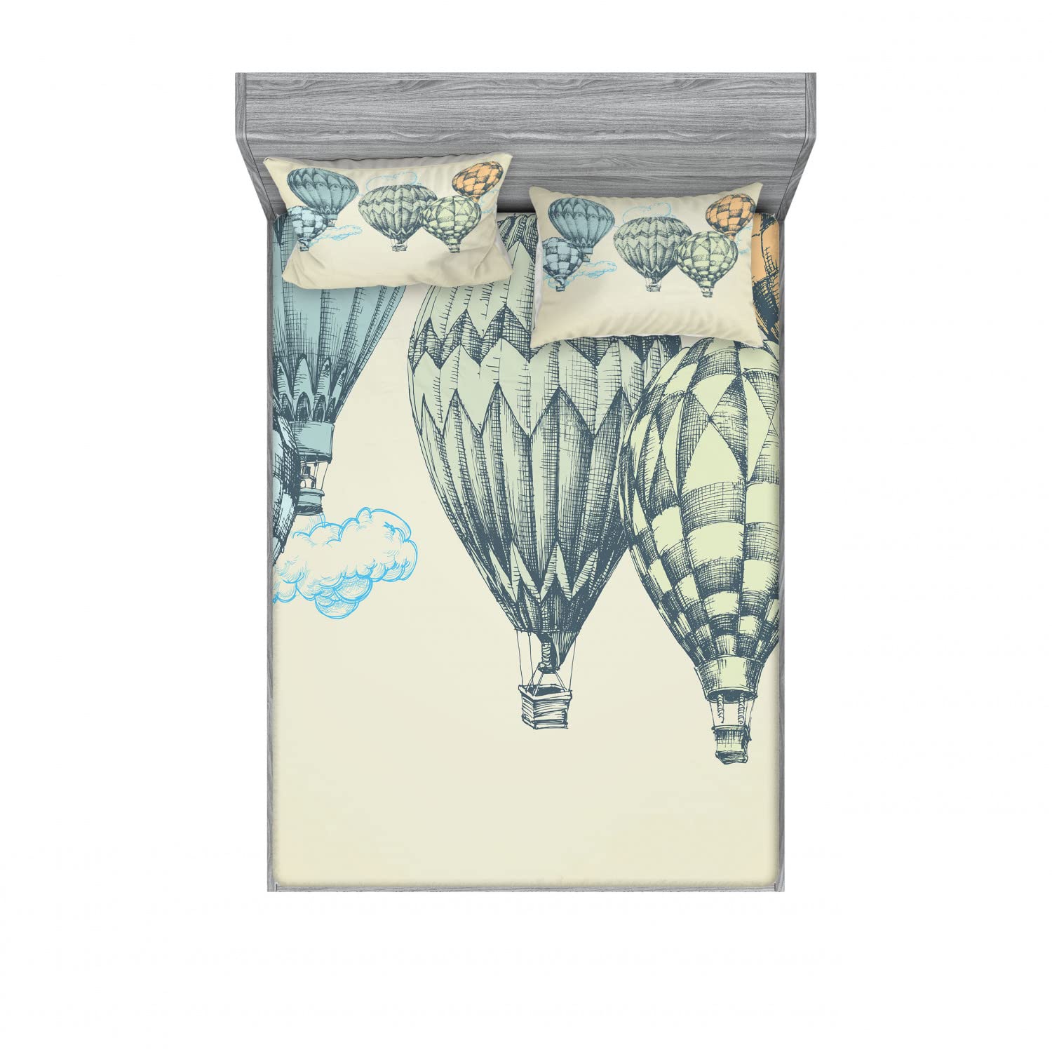 Ambesonne Vintage 2-Pack Fitted Sheet & Pillow Sham Set - Sky Air Balloons Design, 4-Piece Bedding Decor (2 Twin XL Fitted Sheets & 4 Pillow Covers), Green & Blue - Perfect for Guest Rooms, Dorms & Vacation Homes