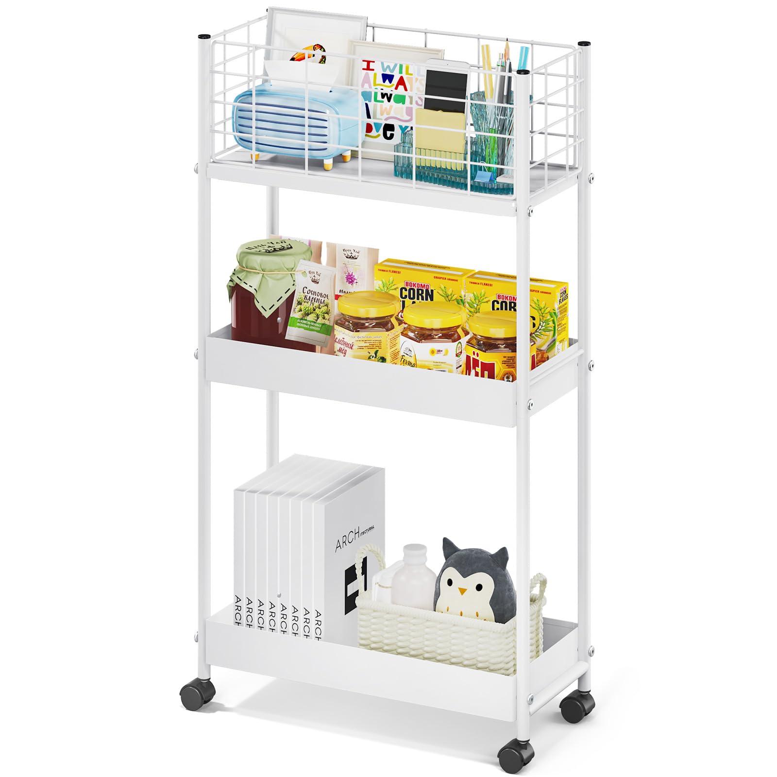 KINGRACK 3-Tier Slim Metal Rolling Utility Cart with Wheels - Multi-Purpose Storage Organizer for Kitchen, Office, Bathroom & Small Spaces - White | Perfect for Organizing Supplies, Beauty Products & Household Items