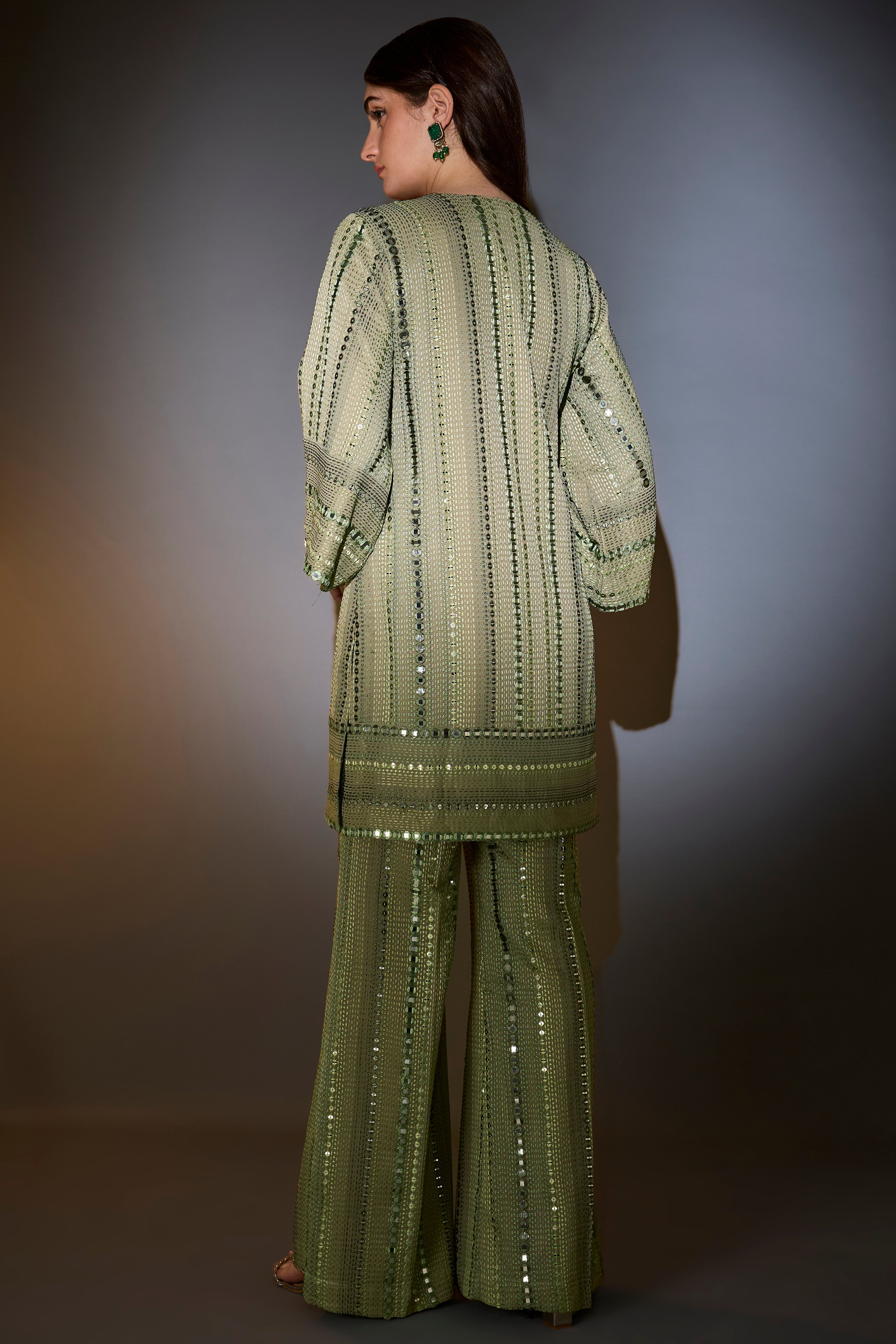 Elegant Mint Green Mirror Work Co-Ord Set with Intricate Tone-on-Tone Thread Embroidery | Perfect for Festive Occasions, Weddings & Ethnic Fashion