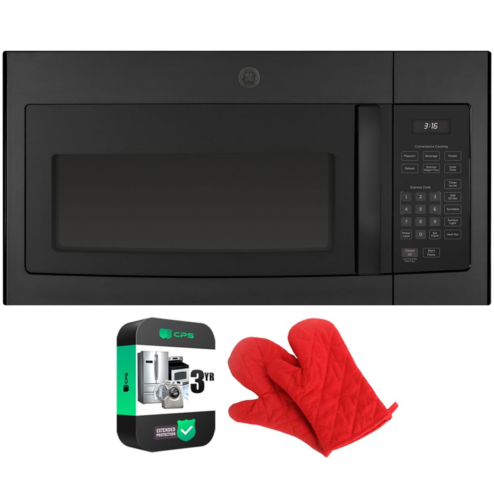 GE JVM3160DFBB 1.6 Cu. Ft. Over-the-Range Microwave Oven in Black - Includes Heat Resistant Oven Mitts & 3-Year Protection Plan - Perfect for Kitchen Remodeling & Small Space Cooking