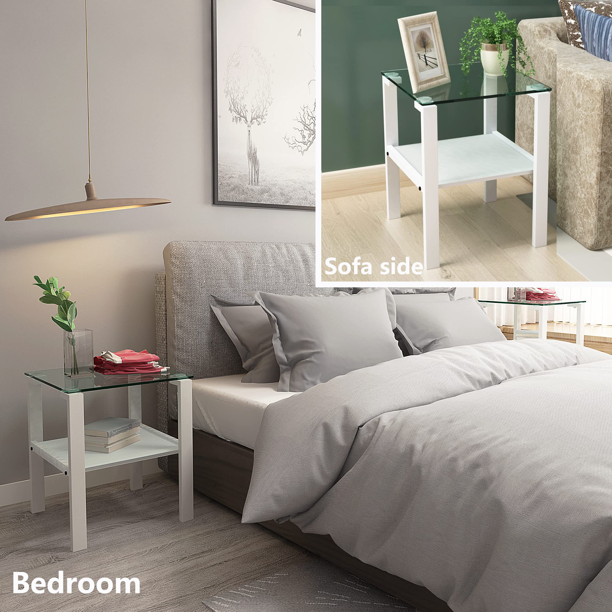 Modern Glass Coffee Table Set of 3 - Living Room End Tables with Storage, Black Metal Leg Rectangle Center Table - Tempered Glass Sofa Side & Corner Tables for Home Decor (White) | Perfect for Small Spaces, Apartments & Contemporary Living Rooms