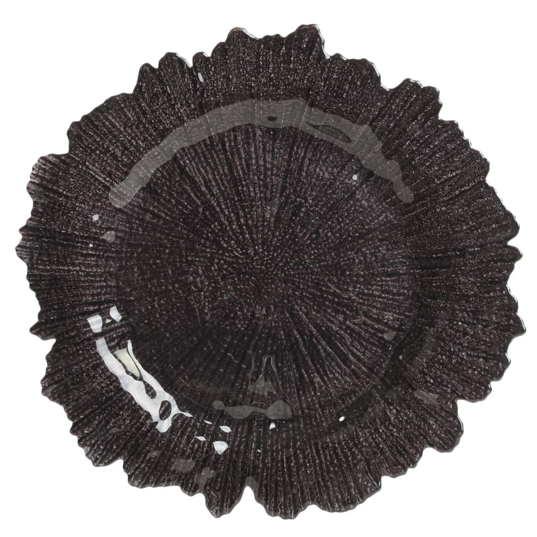 Koyal Wholesale Bulk Flora Glass Charger Plates - Set of 4 Black Starburst & Reef Design - Elegant Dinnerware for Weddings, Parties & Formal Dining