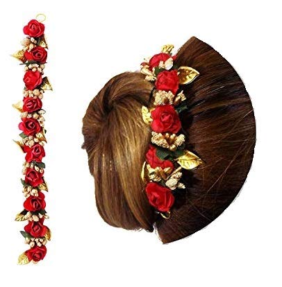 Elegant AASA Juda Gajra Wedding Hair Accessory - Bridal Bun Flower Jewelry in Red (30g) | Perfect for Indian Weddings, Mehendi & Sangeet Ceremonies