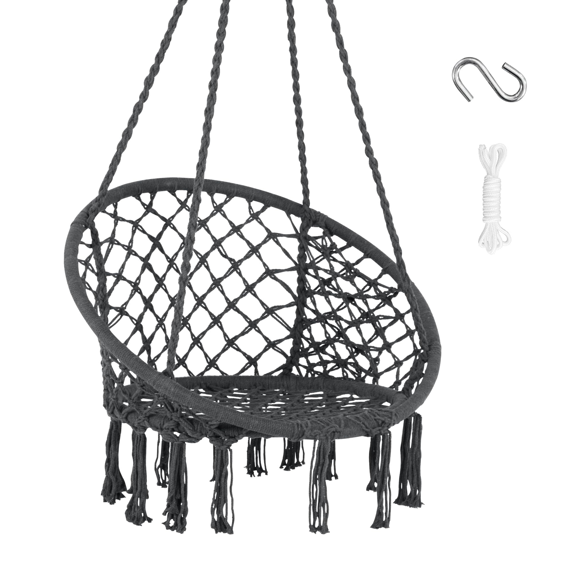 SUNCREAT Handmade Macrame Hanging Swing Chair with Hardware Kits - 330 LBS Capacity, Grey Knitted Rope Hammock for Indoor & Outdoor Use - Perfect for Bedroom, Patio, Garden, Deck, and Yard Relaxation