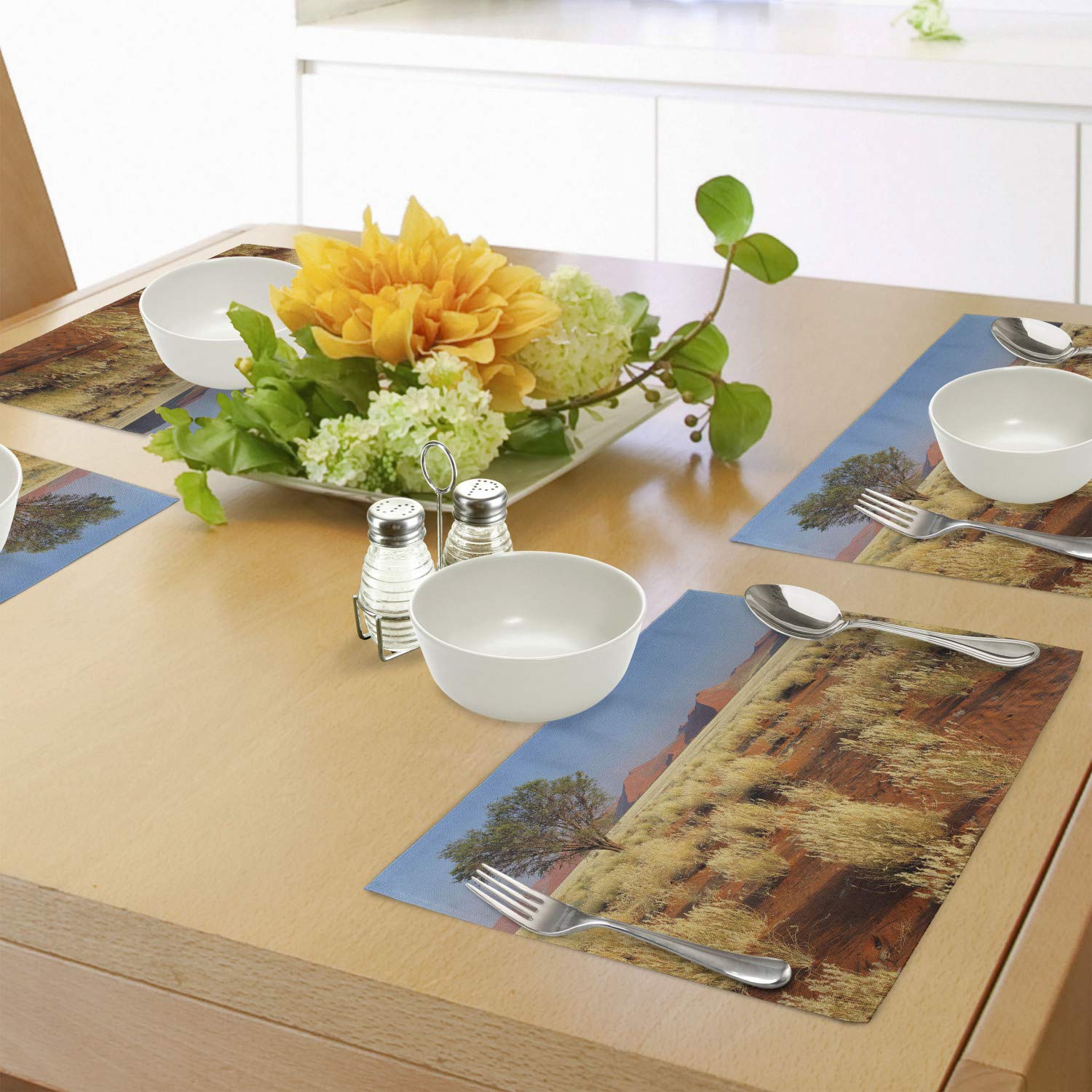 Ambesonne 4-Pack Landscape Place Mats - Tree & Desert Sossusvlei Namibia Africa Photo Print, Washable Fabric Dining Table Mats (Standard Size, Sky Blue & Marigold) - Perfect for Home Decor, Dinner Parties & Outdoor Picnics