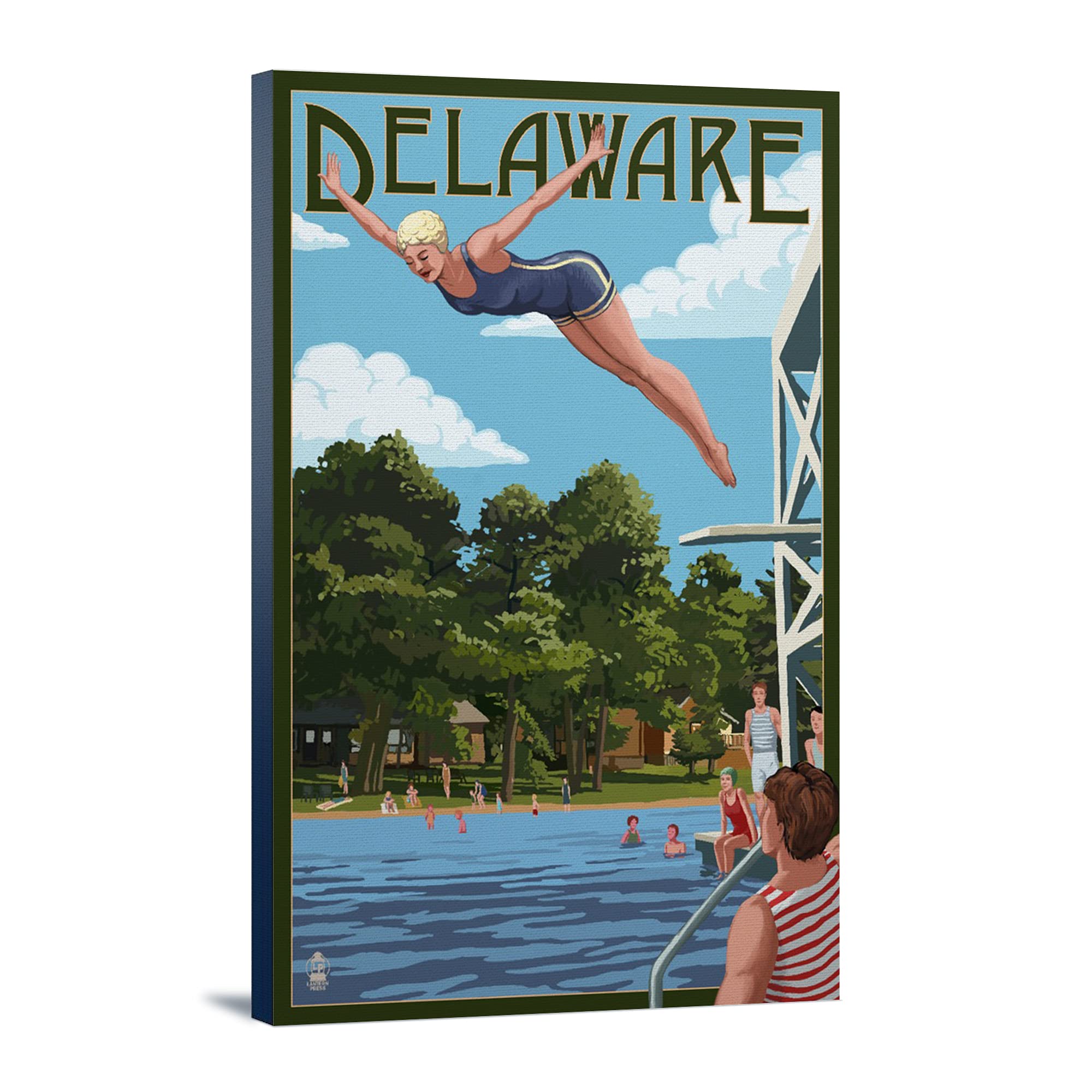 Delaware Woman Diving and Lake Art Print - 24x36 Wrapped Canvas Wall Decor for Living Room, Bedroom & Office - Nature Landscape Painting for Home Decor