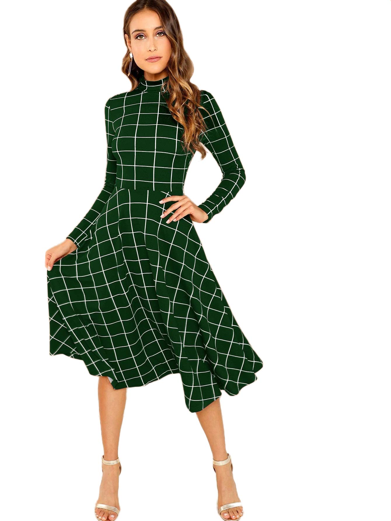 Floerns Women's High Neck Plaid Fit and Flare Midi Dress - Elegant Office & Party Wear for Women | Perfect for Work, Cocktail Parties & Special Occasions