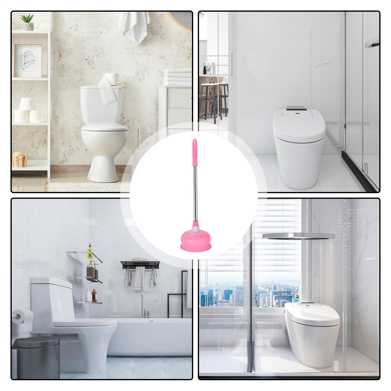 Heavy Duty Long Handle Toilet Plunger - Powerful Bathroom Drain Unblocker for Kitchen & Bathroom Clogs - Pink - Ideal for Home Cleaning and Emergency Plumbing Needs