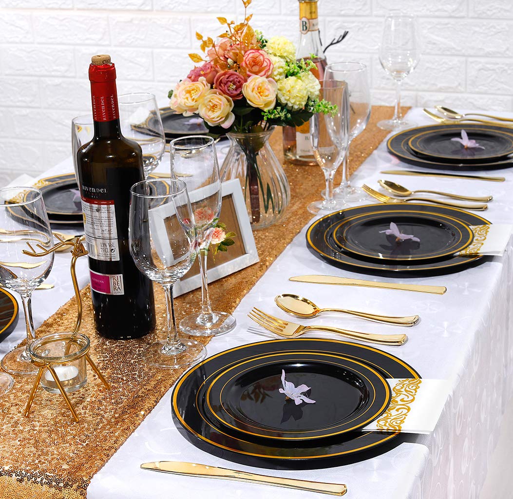 125-Piece Elegant Black Plastic Dinnerware Set with Gold Trim - Includes 25 Dinner Plates, 25 Dessert Plates, 25 Forks, 25 Knives & 25 Spoons - Disposable Gold Silverware for Parties, Weddings, New Year Celebrations & Special Events