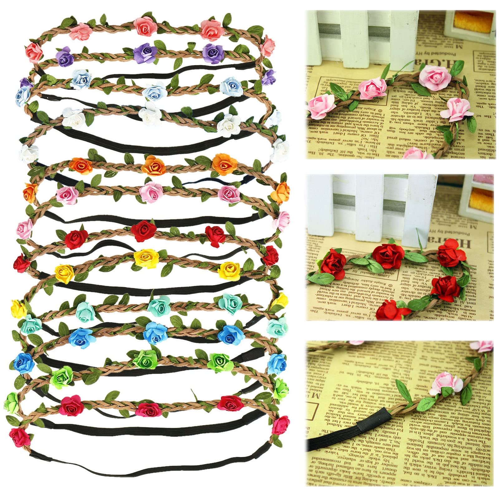 12PCS Bohemian Floral Headbands for Women & Girls - Rose Flower Crown Hair Accessories with Elastic Ribbon - Perfect for Weddings, Festivals, and Photo Shoots