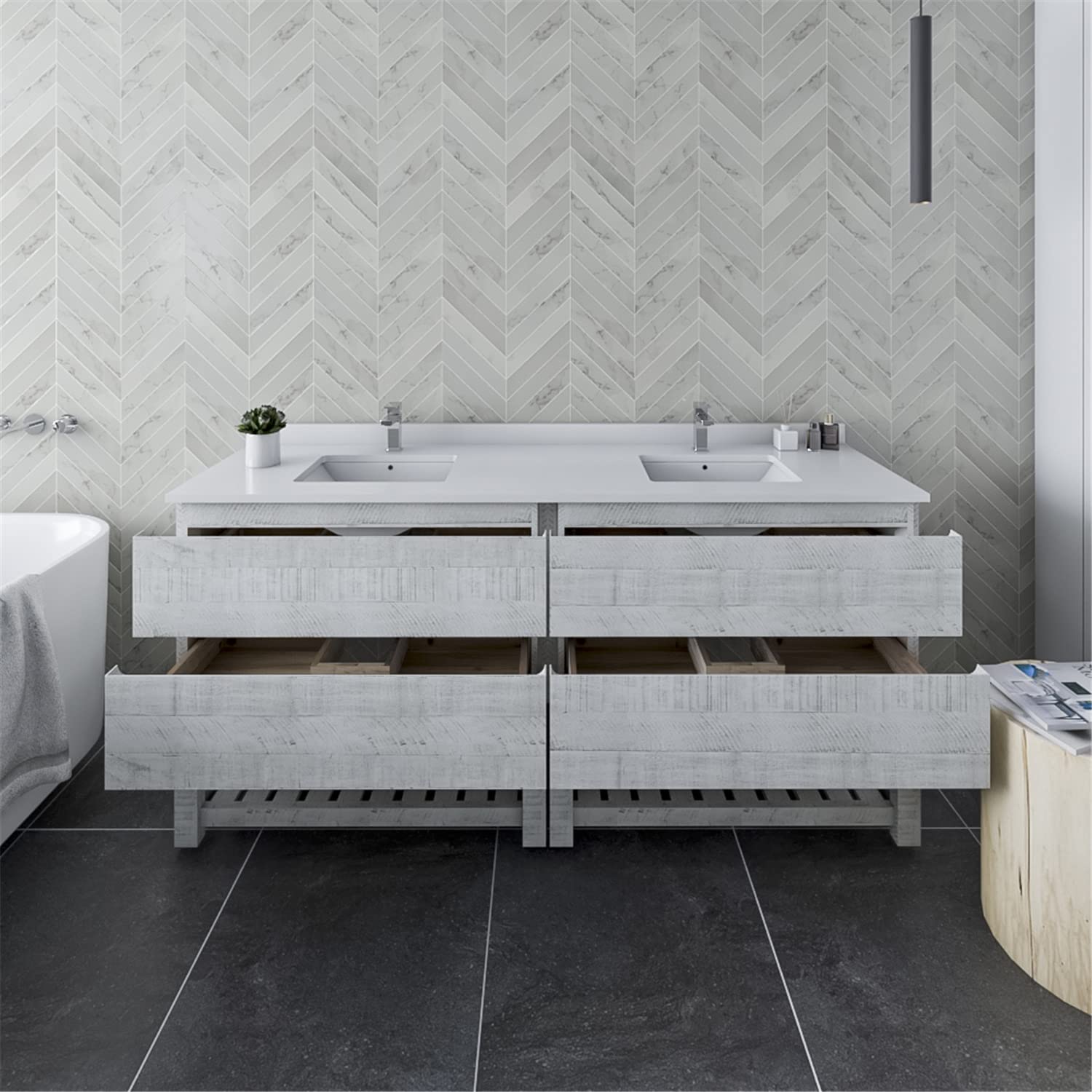 Fresca Stella 70-Inch Open Base Double Bathroom Vanity Cabinet in Rustic White - Modern Farmhouse Style Bathroom Storage for Master Bath & Powder Room