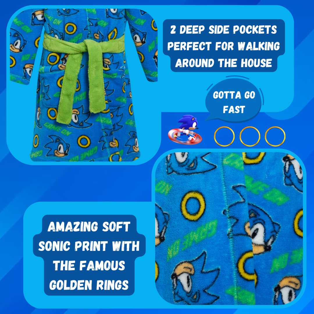 Sonic The Hedgehog Kids Fleece Robe - Sega Game Character Hooded Bathrobe for Boys & Girls | Cozy Gaming Pajamas, Birthday Gift & Sleepwear for Kids Who Love Video Games