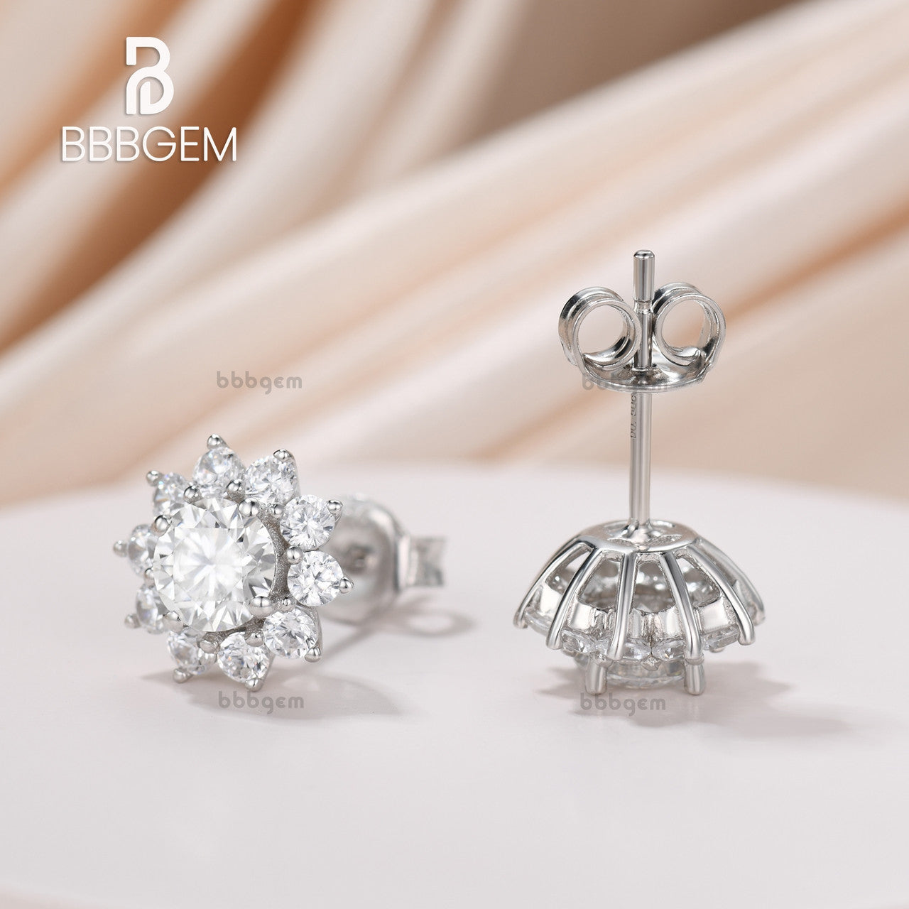 White Gold Floral Halo Stud Earrings for Women - Round Moissanite Cluster Sunflower Design in Sterling Silver | Perfect for Weddings, Anniversaries & Special Occasions